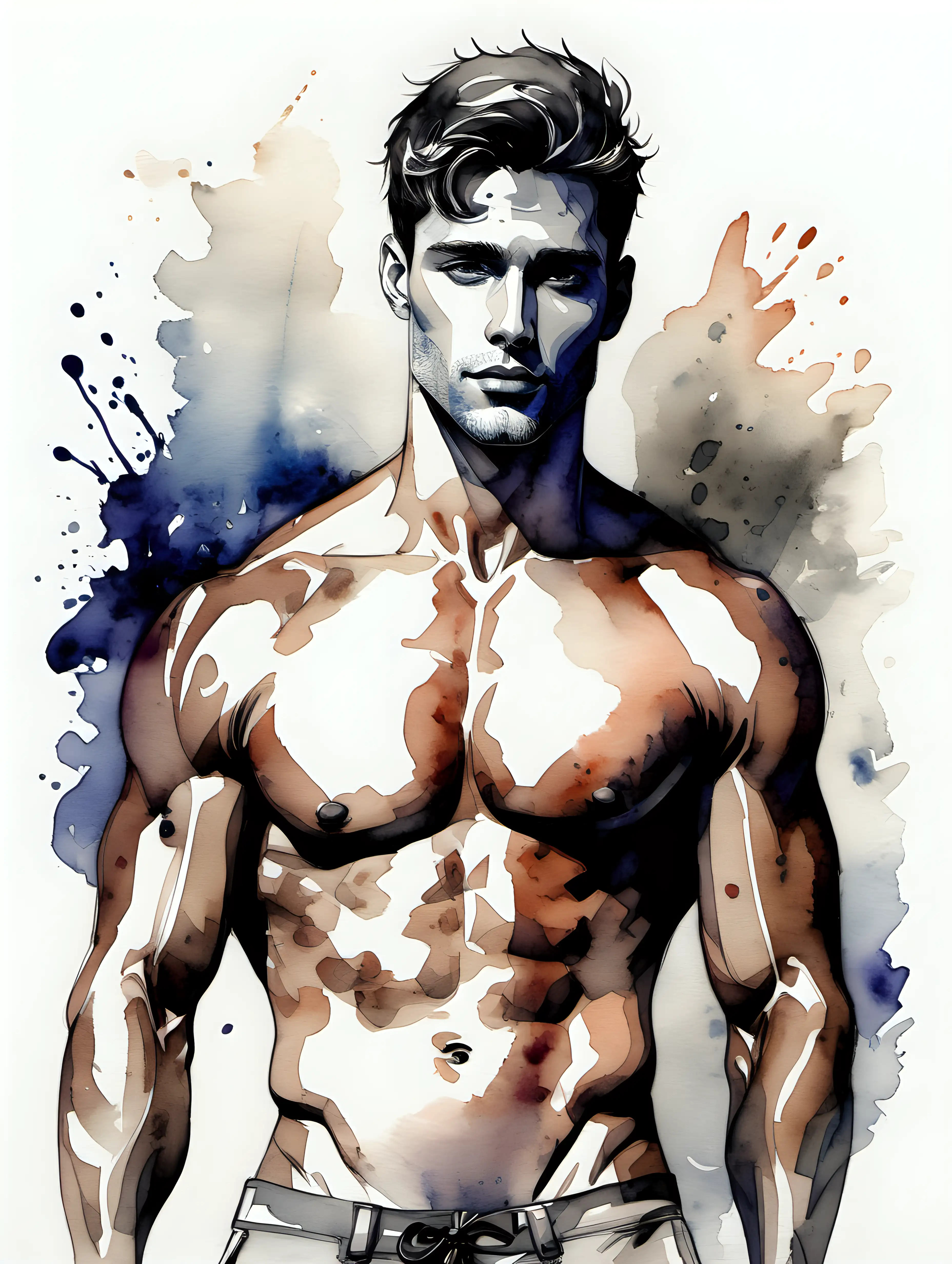 Encounter with the Ideal Self Handsome Male in Watercolor and Strong Inks