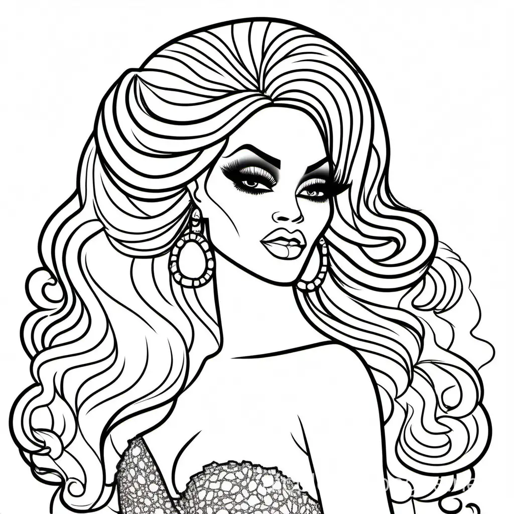 drag queen, Coloring Page, black and white, line art, white background, Simplicity, Ample White Space. The background of the coloring page is plain white to make it easy for young children to color within the lines. The outlines of all the subjects are easy to distinguish, making it simple for kids to color without too much difficulty