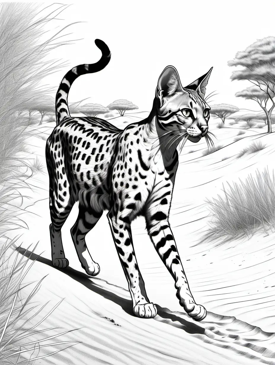 colouring page of An Savannah cat gracefully walking across a sandy savannah, with acacia trees in the background.


