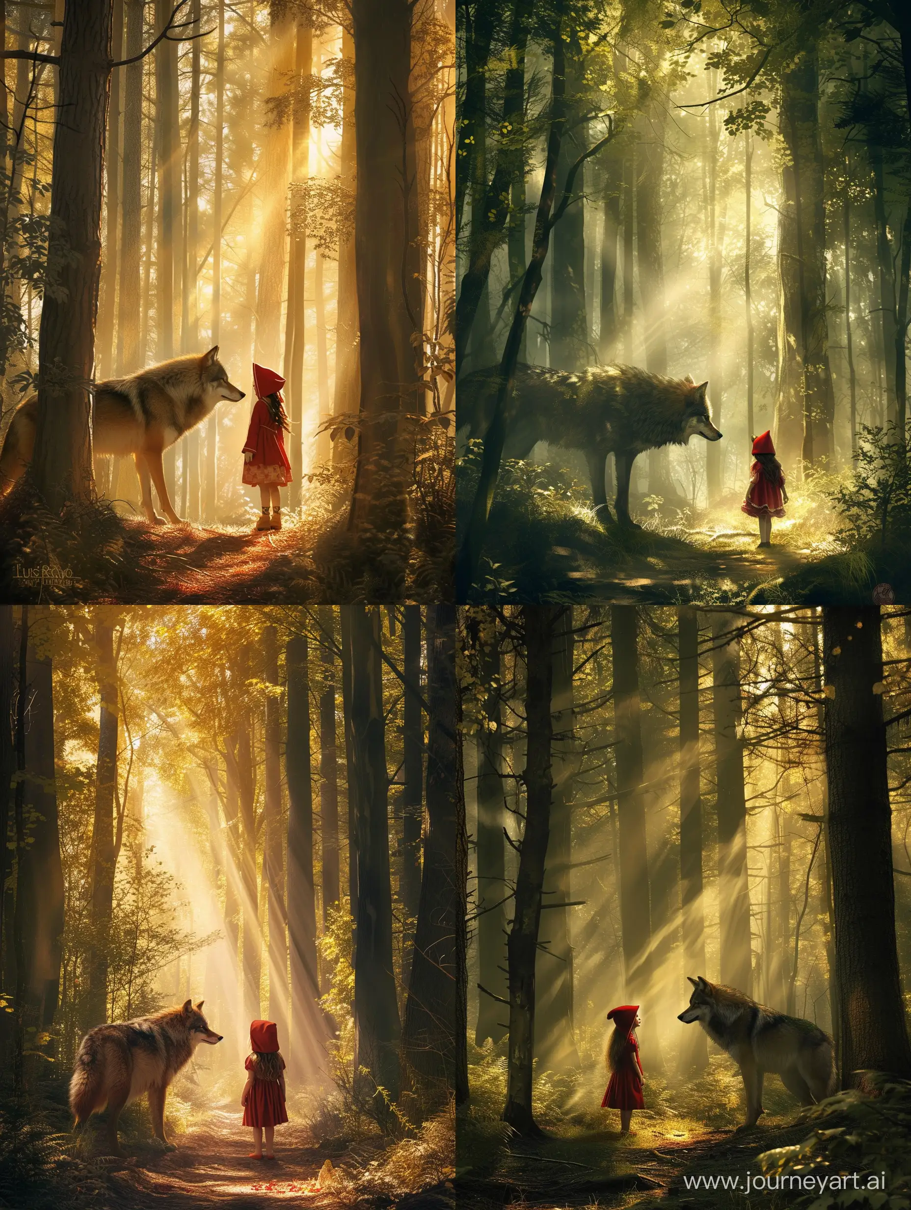 Little Red Riding Hood, a beautiful young girl and a big wolf, forest, light passing through the trees, in the style of Luis Royo - raw style