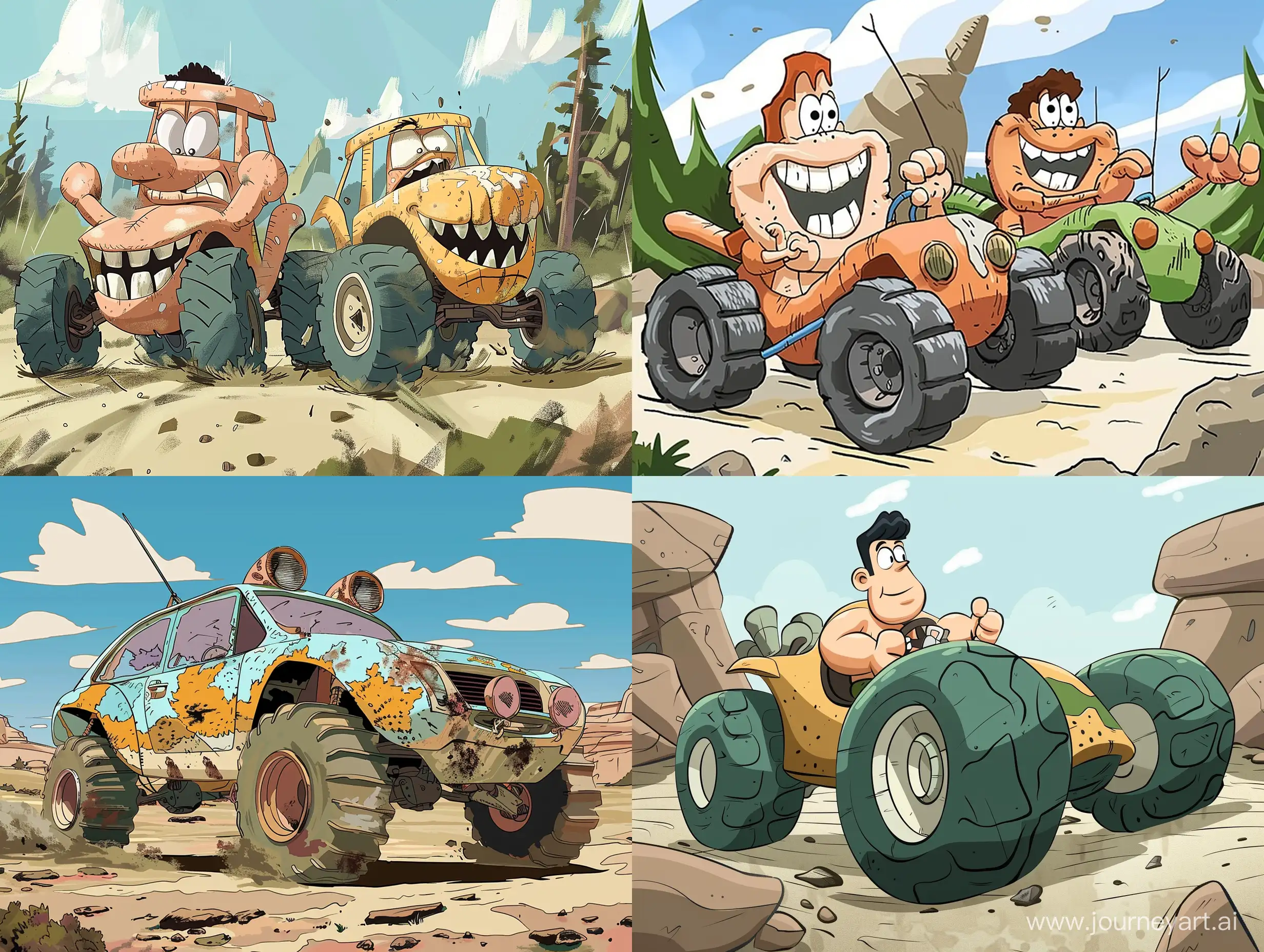 stone age race rally game poster - stone age  -  flintstones cartoon-  style drawn on paper - style 2d - color 