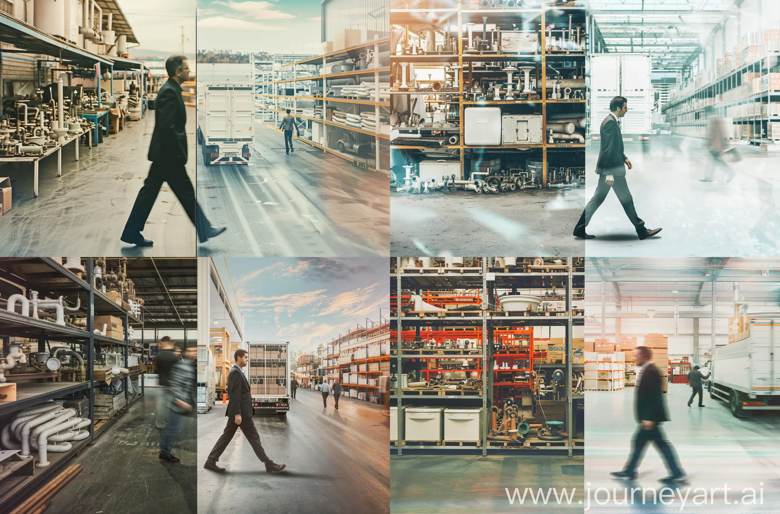 "The image is smoothly divided vertically into two parts. A man in a suit is walking from left to right in the center, crossing this border. The transition between the parts is smooth, blurred in the background, and the man in the suit is in the foreground. To the left, a flea market is shown where sellers are selling old plumbing. To the right is a warehouse with a view from inside the building, an automated new white plumbing warehouse inside, surrounded by shelves, where all the new plumbing goods are neatly arranged, the floor is clean, and a truck is unloading to the warehouse where employees are carrying boxes --ar 62:41