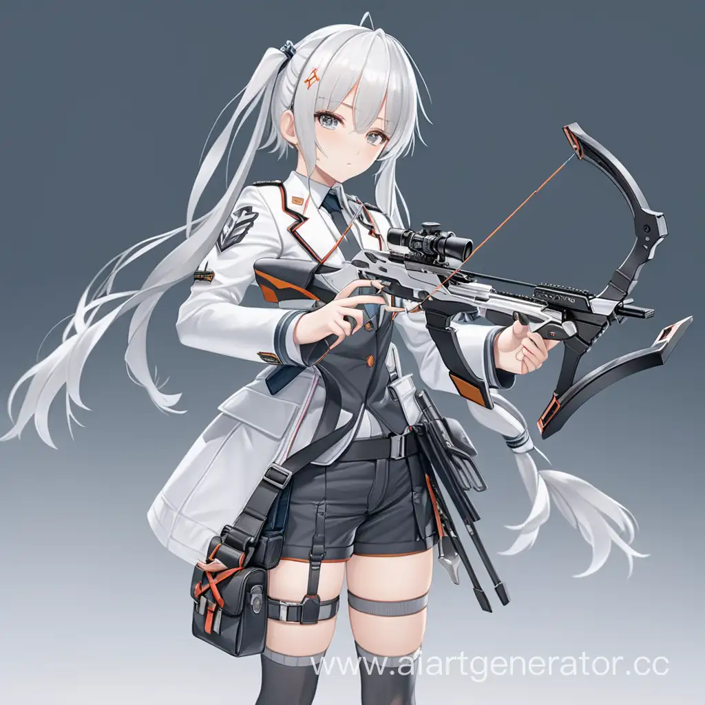Anime girl, average height, Arknights uniform, anatomically correct fingers, with correct crossbow, white hair, average height