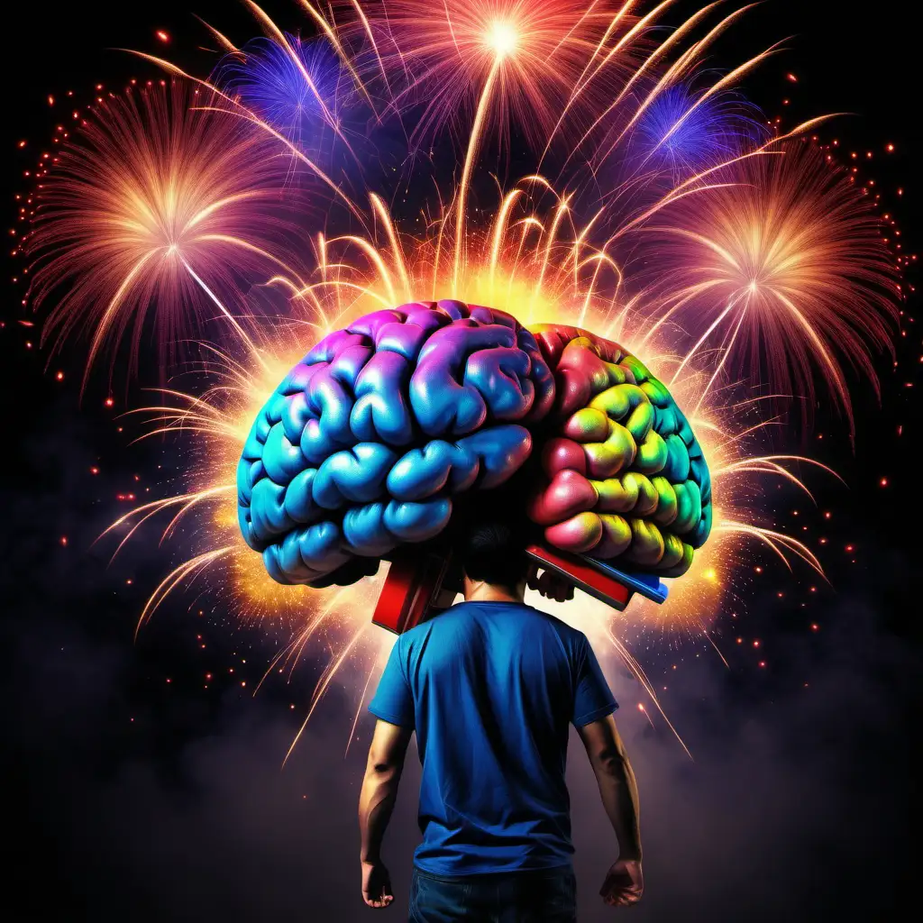 A person carrying the weight of a big heavy exploding brain on their back with big colorful fireworks shooting out everywhere in the background.