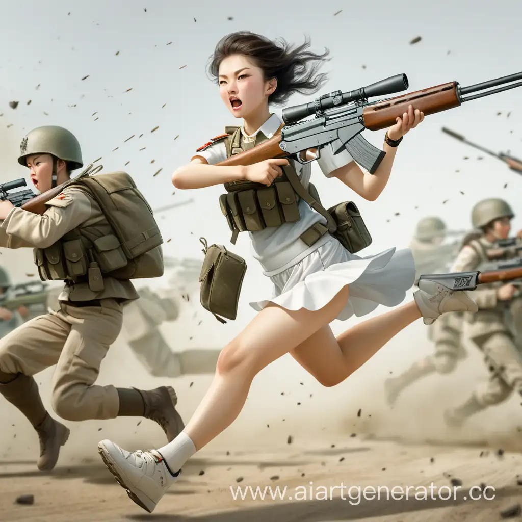 женина-военный бежит с автоматом в бою стреляет  белая короткая юбка высоко подняла ножку