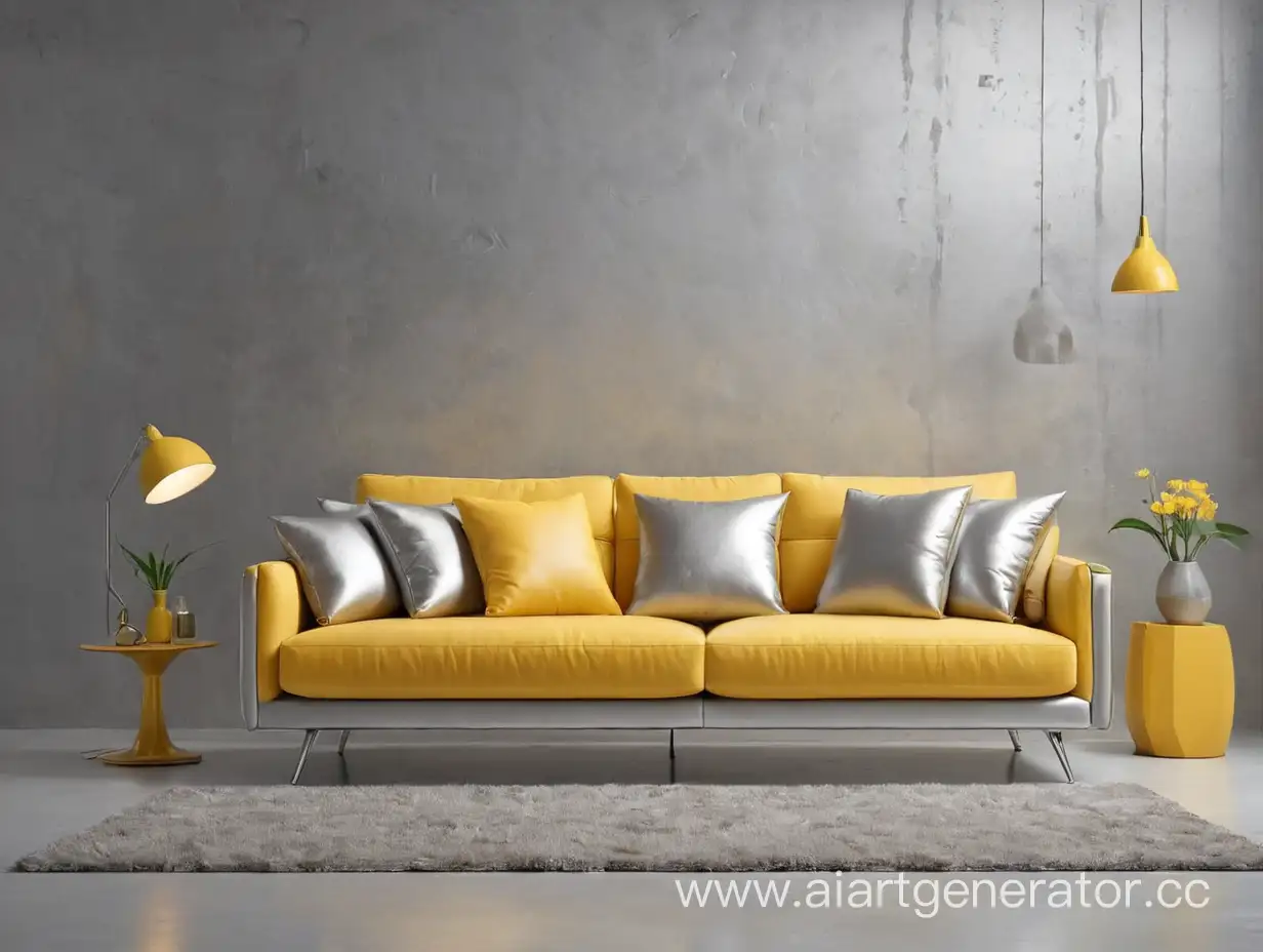 Elegant-Silver-Sofa-with-Vibrant-Yellow-Accents-on-a-Lustrous-Silver-Background