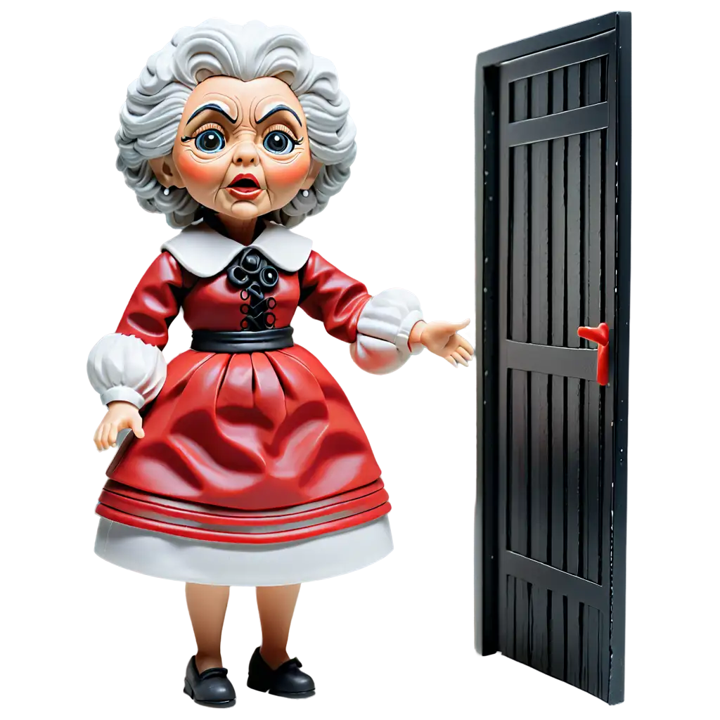 a plastic doll that looks like a scared old woman being drawn into a dark alley
