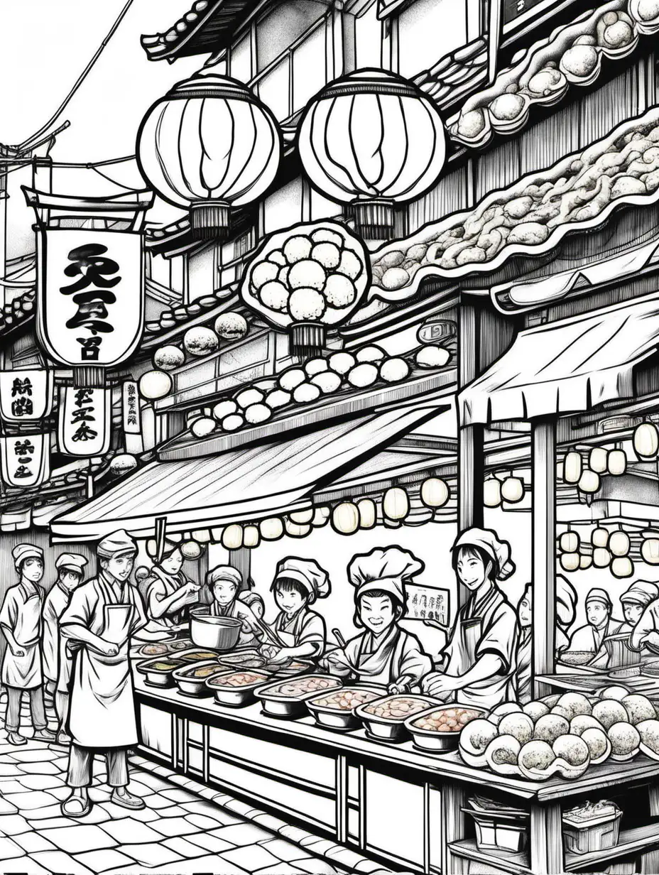 Create a detailed coloring page of a Japanese street scene focusing on a Takoyaki (octopus balls) stall. The stall is equipped with a takoyaki pan and a chef expertly turning the balls. The surrounding area is filled with customers waiting eagerly, some eating takoyaki with chopsticks. Include details like steam rising from the pan, octopus tentacles, and bottles of sauce and mayonnaise. The background can show a lively street in Osaka with lanterns and Japanese signage.