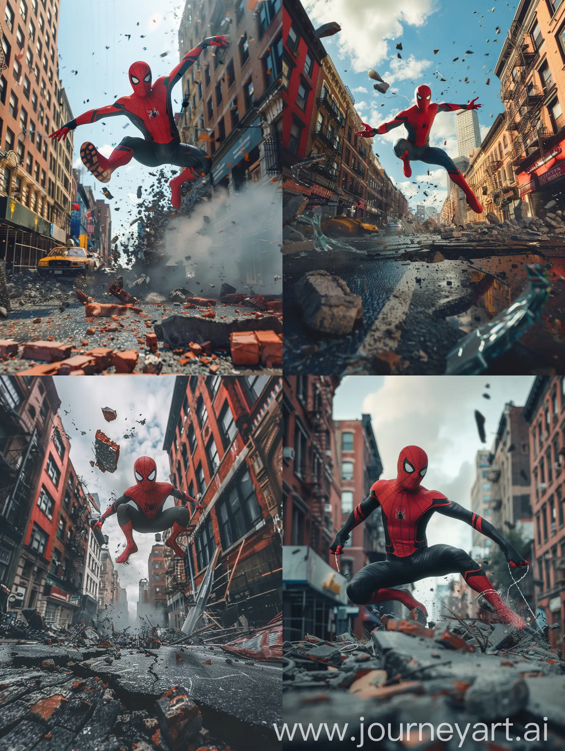 NO WAY HOME NEW ((Spider-Man ))) SUIT falling through the air in New York City Boston street with road broke and building destroyed  ((8K))