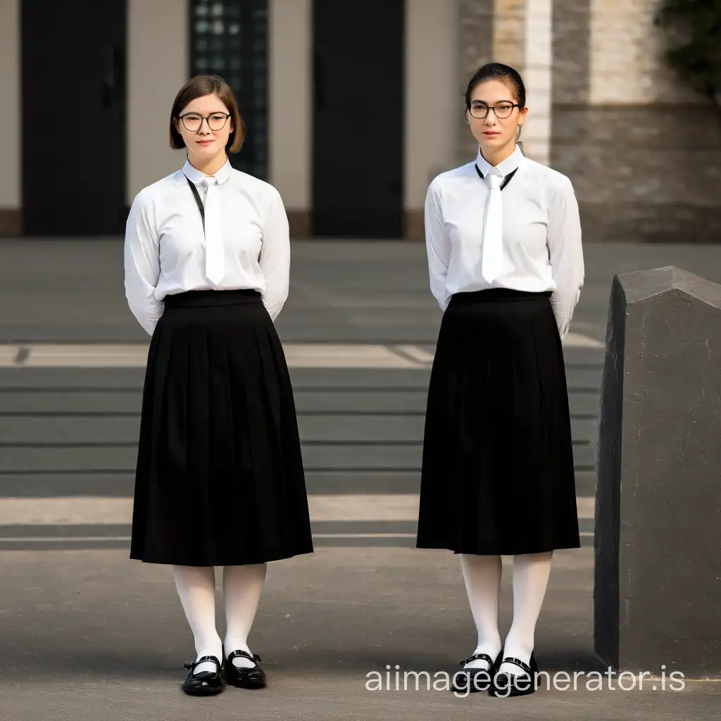 two catholic postulants with folded hands as in prayer with short hair 
and glasses dressed in a black long pleated skirt that covers her knees 
and a white blouse and black tie and white tights  and black mary jane flat shoes