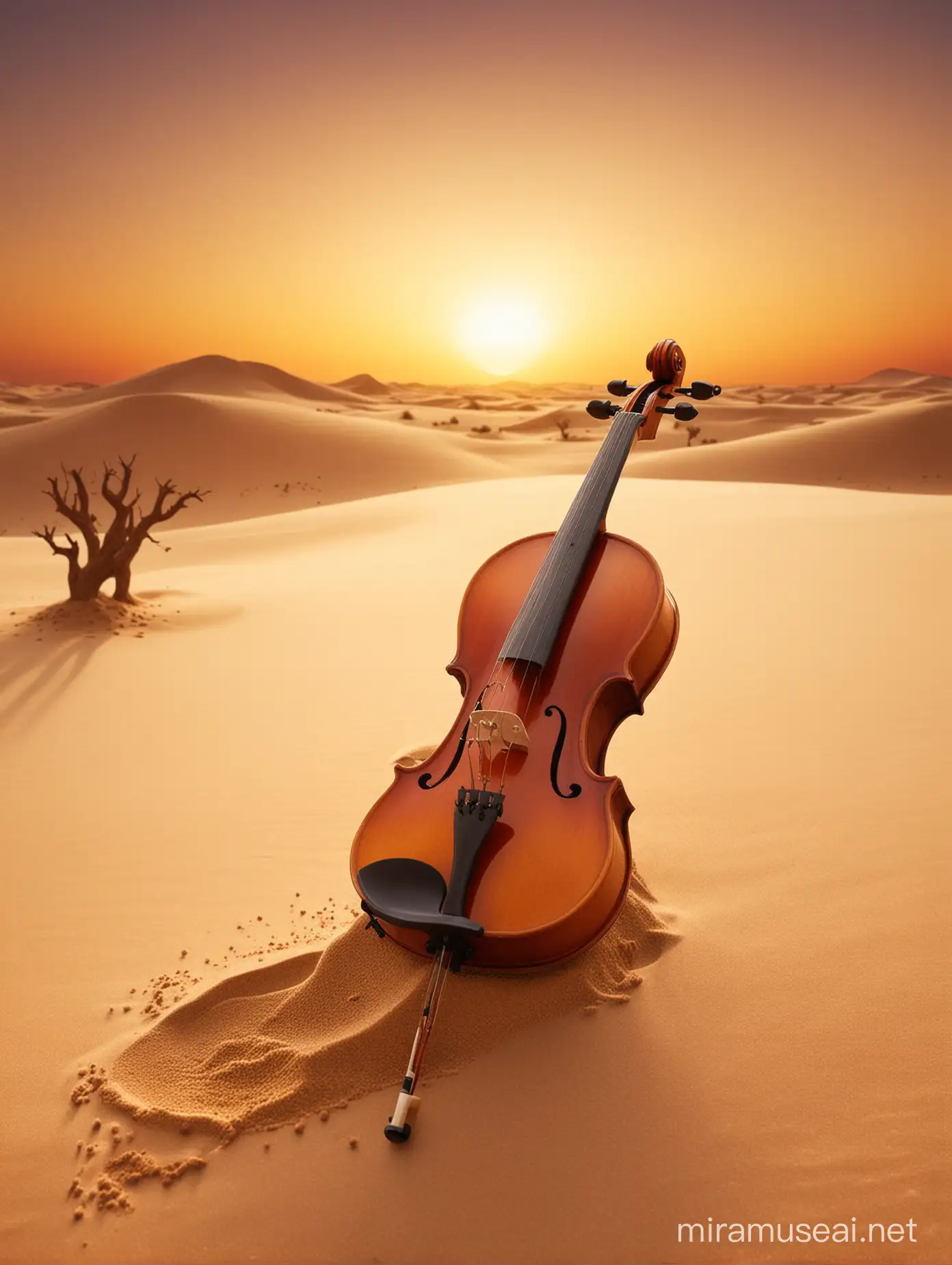 Desert in golden sunset atmosphere.
In front of picture violin rise from sand. 