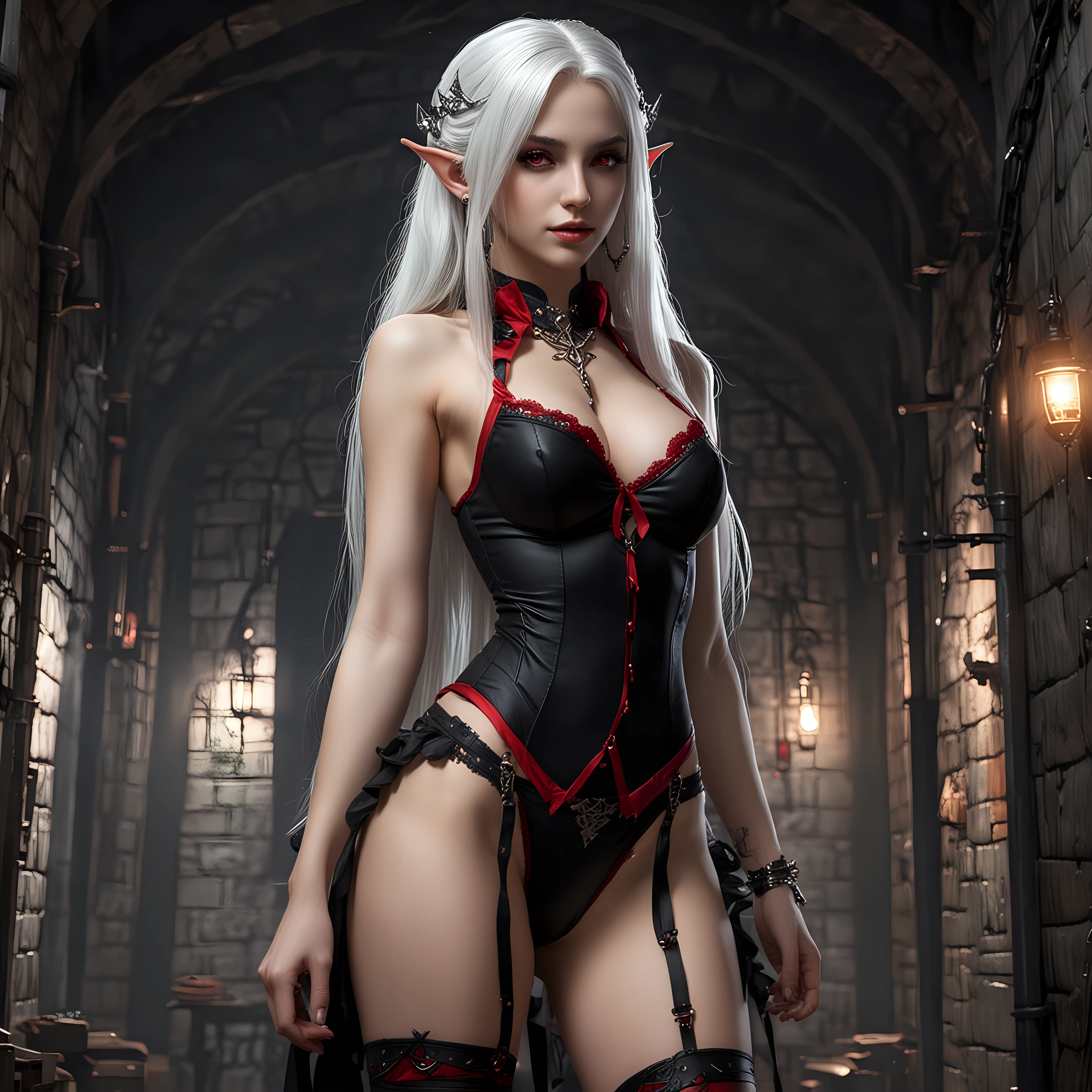 1 demonic beautiful female, highly detailed,long-haired, white hair, porcelain skin, red eyes, red and black erotic lingerie, air, earrings, collar, elf ears, tiara, from behind, in dungeon cell, full body