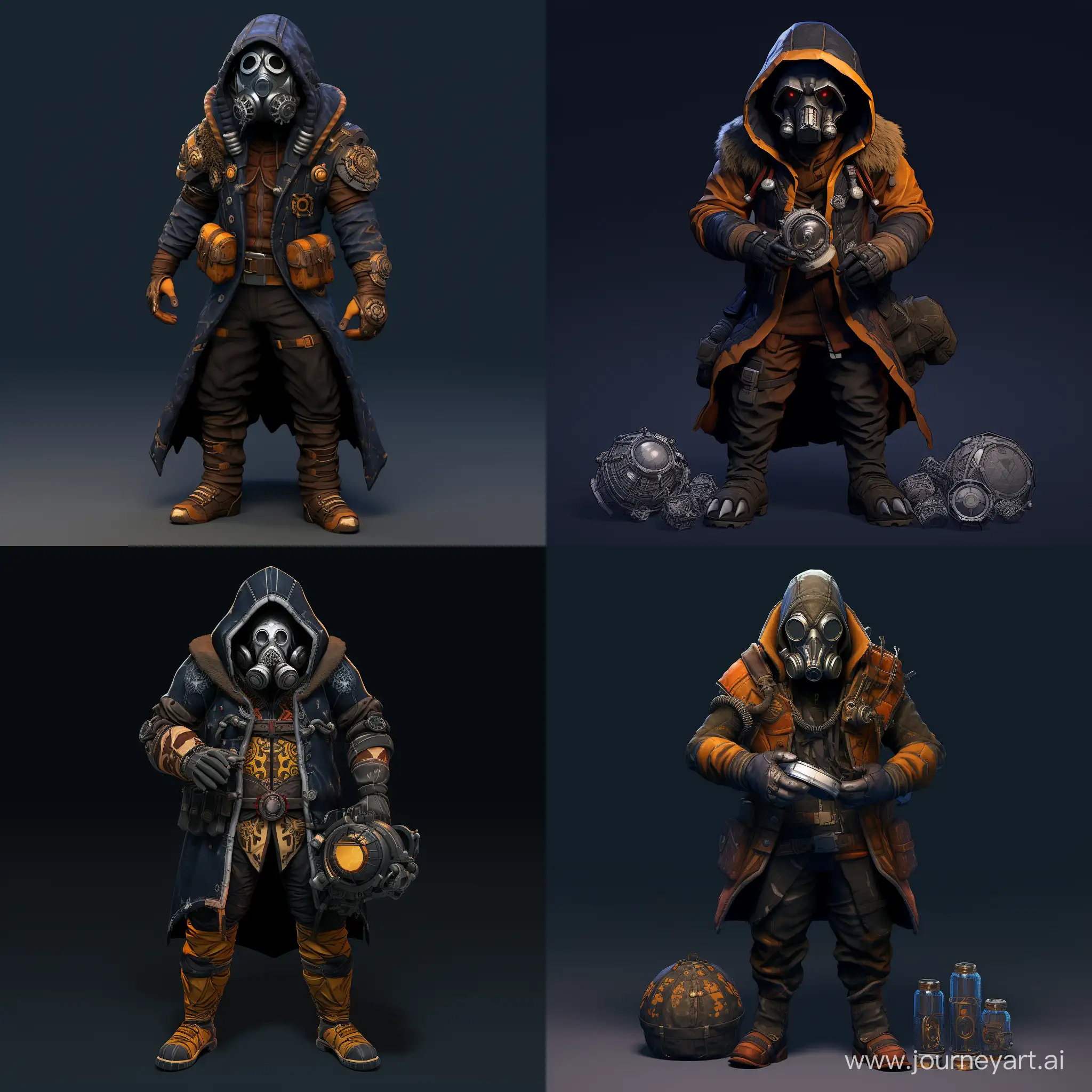 Full-length photorealism. Engineer-scientist of strong build. He is wearing a gas mask with a double filter and amber lenses. Dressed in a dark blue warm jacket with a hood with a fur trim and dark blue jeans. Wears gray gloves and black combat boots. He holds a sphere in his hands, on the surface of which complex patterns are located, and the patterns also glow with blue light.