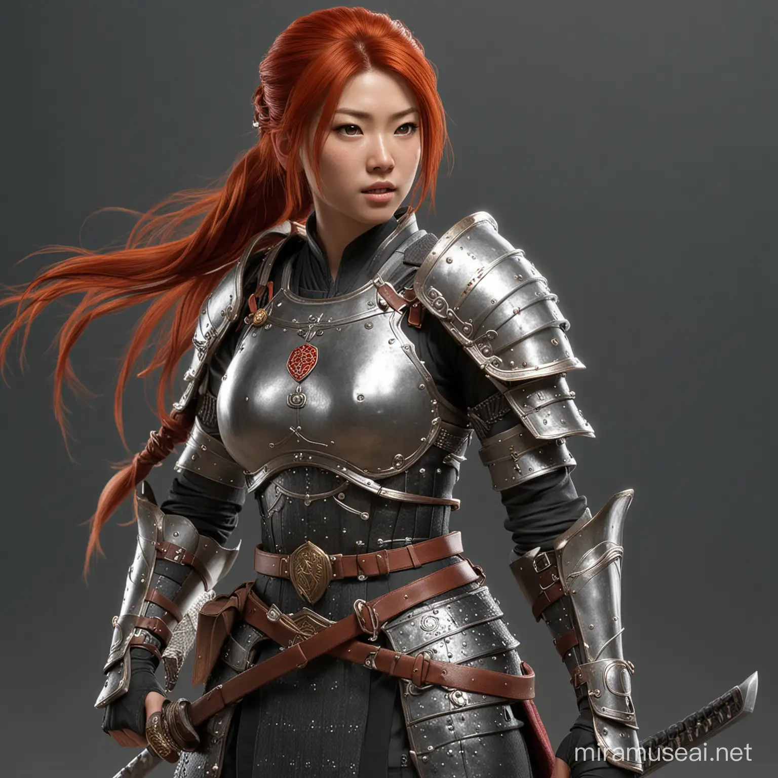 Generate a red haired female asian cleric of 18 year old wearing splint mail armor and wielding a steel shield and a katana