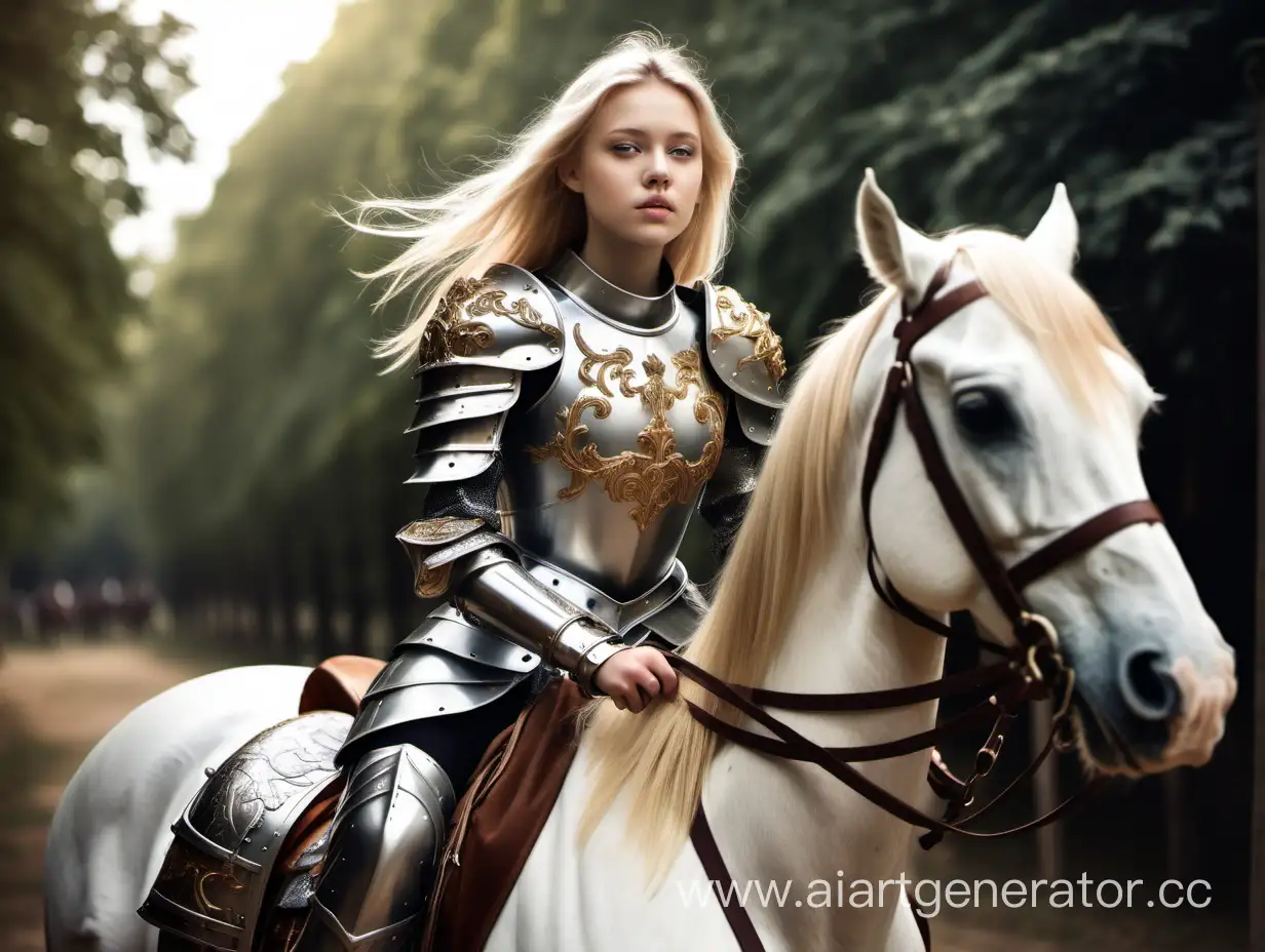 a young beautiful blonde girl wearing king's armour riding a horse