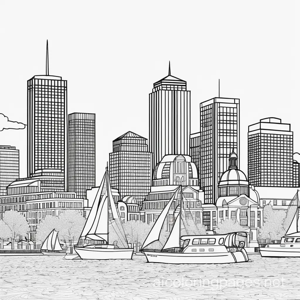 Boston Skyline, Coloring Page, black and white, line art, white background, Simplicity, Ample White Space. The background of the coloring page is plain white to make it easy for young children to color within the lines. The outlines of all the subjects are easy to distinguish, making it simple for kids to color without too much difficulty