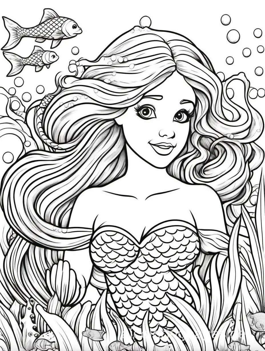 mermaid for kids and ocean animals, Coloring Page, black and white, line art, white background, Simplicity, Ample White Space. The background of the coloring page is plain white to make it easy for young children to color within the lines. The outlines of all the subjects are easy to distinguish, making it simple for kids to color without too much difficulty