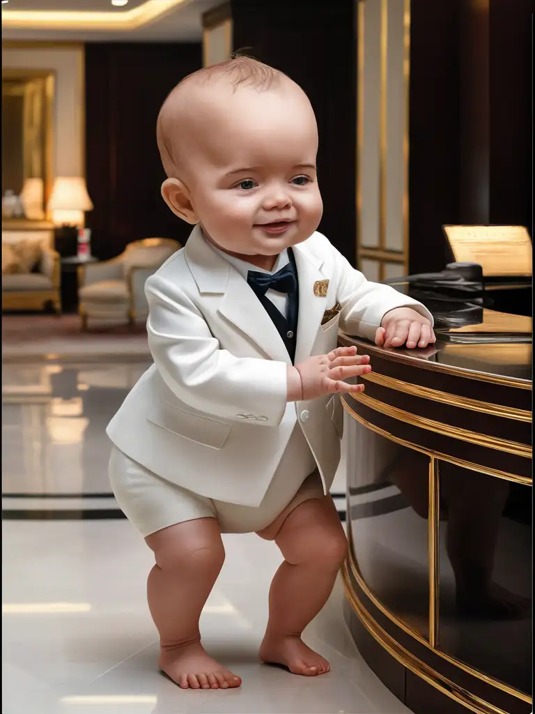 Super delicate, masterpiece, baby with ultra delicate limbs, wearing a suit and working as a hotel bellhop, white suit, baby welcoming guests.