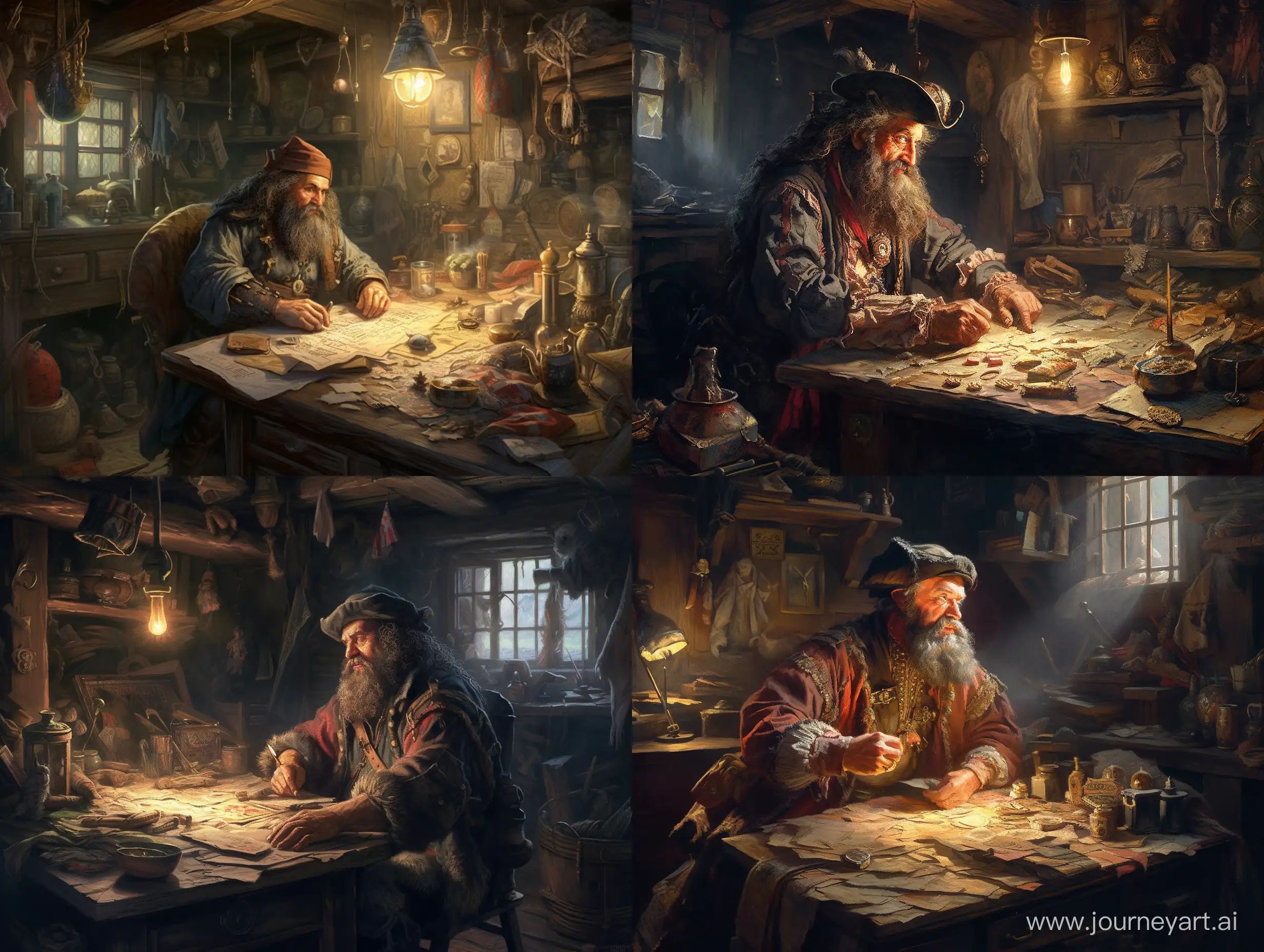 /imagine prompt: A captivating image that captures the essence of Blackbeard counting his treasures and planning his next attack in his cabin. The color temperature is warm and inviting, with the lighting emphasizing the details of the cabin's interior and the pirate's features. Blackbeard is seated at a table, surrounded by his treasure and maps, with a focused expression on his face as he plans his next move. The cabin is richly decorated, with ornate furnishings and intricate details. The background is slightly blurred, emphasizing the focus on Blackbeard and his surroundings. The image has a classic quality, reminiscent of a painting from a bygone era of seafaring adventure and piracy. --ar 4:3 --s 500 --v 5 --q 2