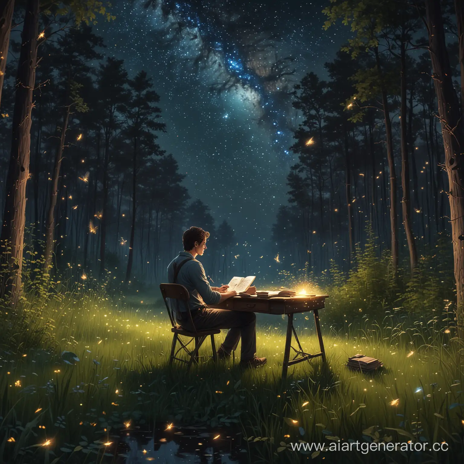 Писатель мужчина на опушке сидит за письменным столом, на небе звезды, в траве летают светлячки, а писатель пишет книгу