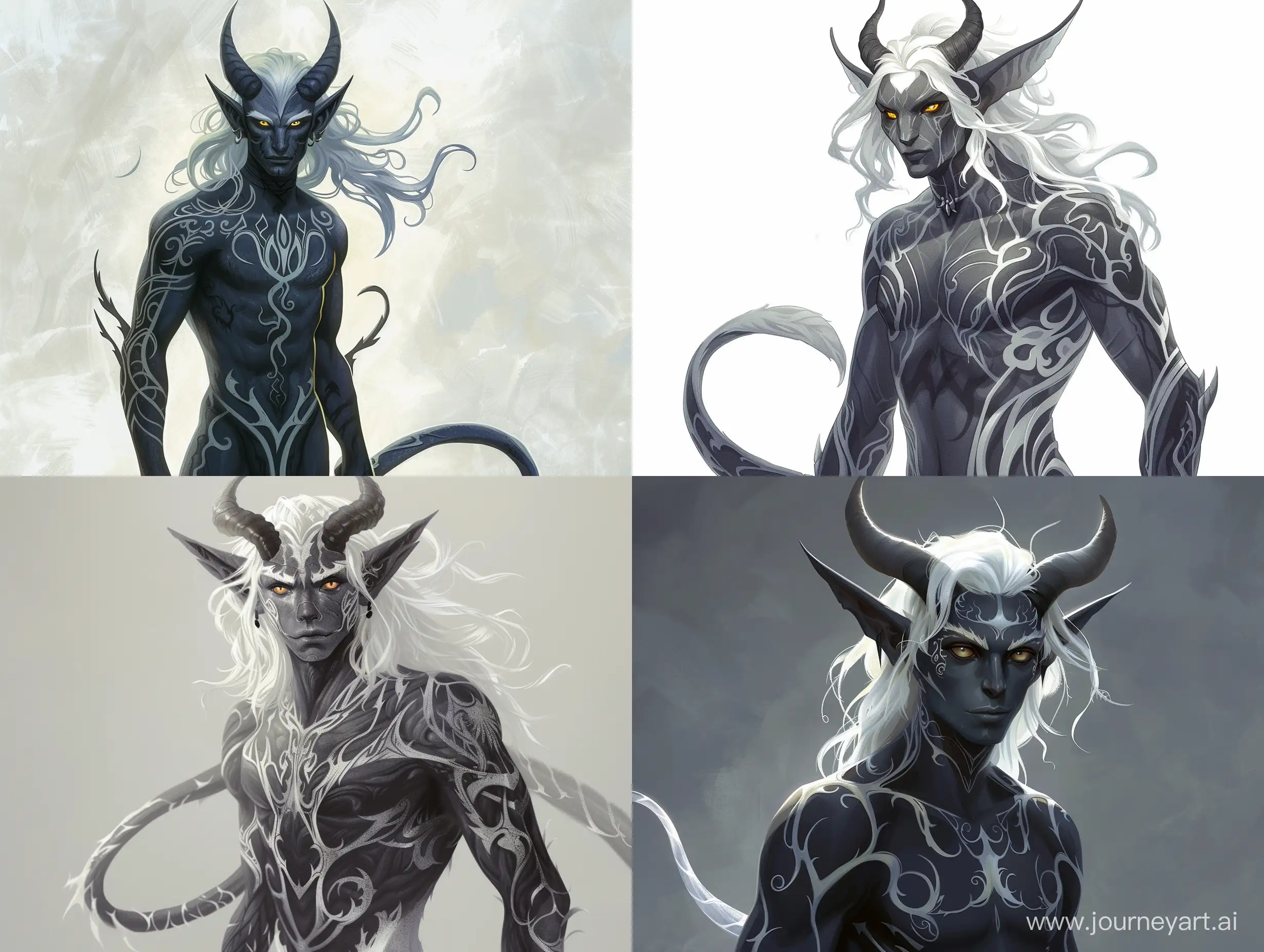 Male humanoid with dark grey skin and white intricate markings. Long ears, curvy smooth horns, bright yellow eyes with slitted pupils. White wavy shoulder-length hair. Slender androgynous body. Long tail. Hands and legs with claws.