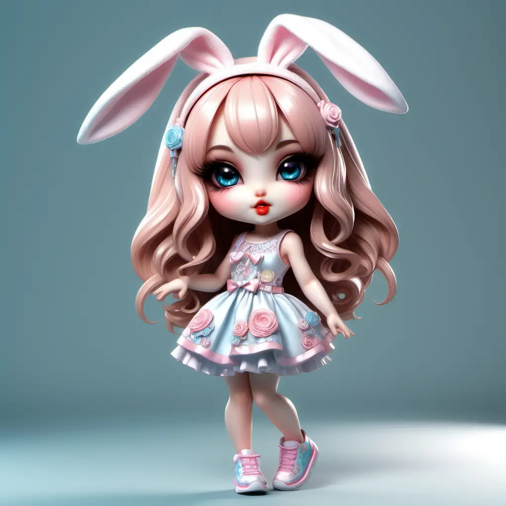 a beautiful very trendy style kawaii bunny ears chibi with an oval face.  In a glamorous sleeveless outfit. Beautiful details factions. Lip gloss. Big eyes. Trendy shoes. High quality. HD. no background. Thomas Kinkade style, Nadja Baxter Anne Stokes Nancy Noel --ar 4:5 --niji 5