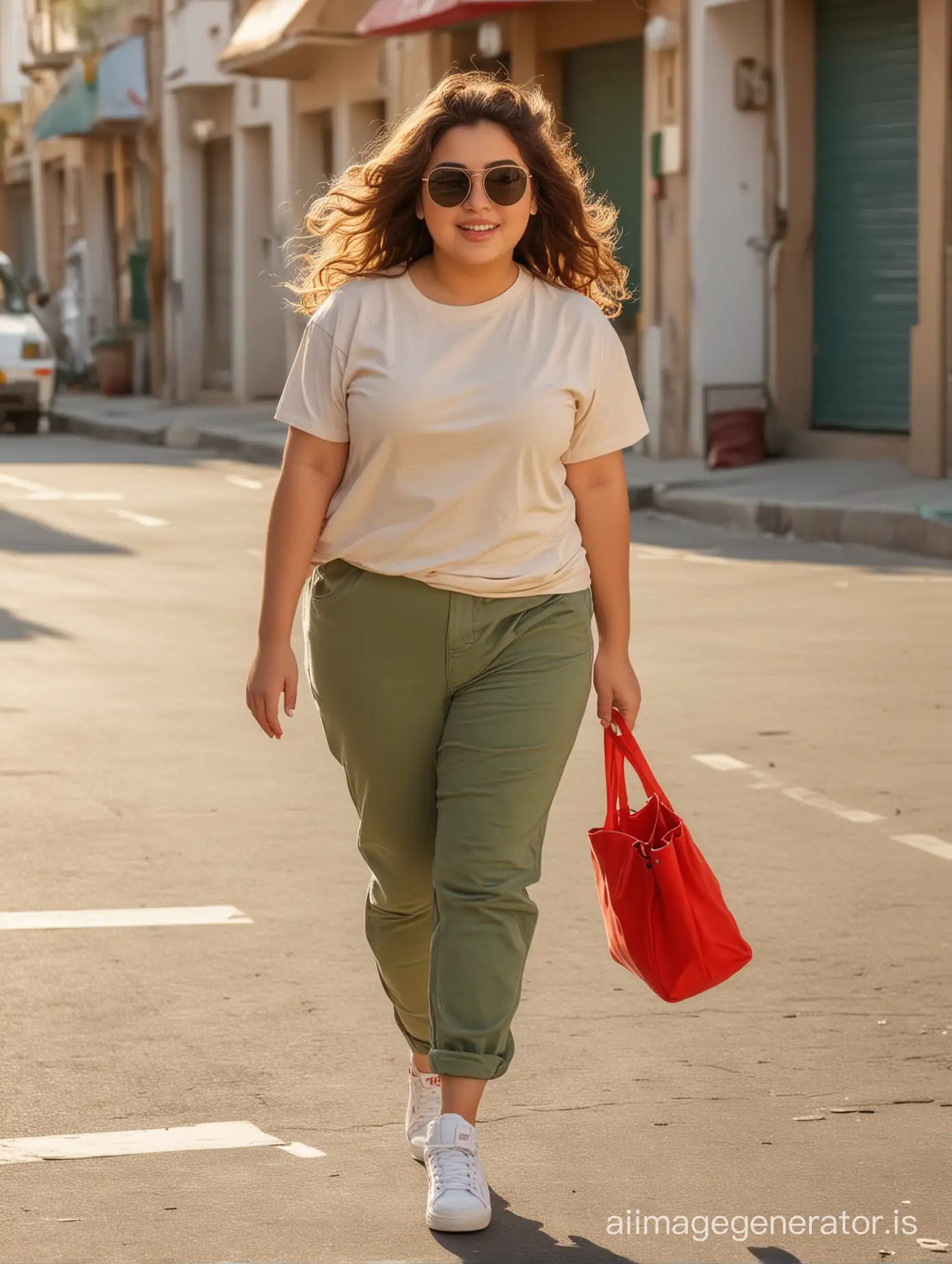 iranian fat girl teenager, wearing beige T-shirt, green baggy pnats, brown wavy hair, red sneakers, red sun glasses, red little bag, walking in street , full body shot, morning light