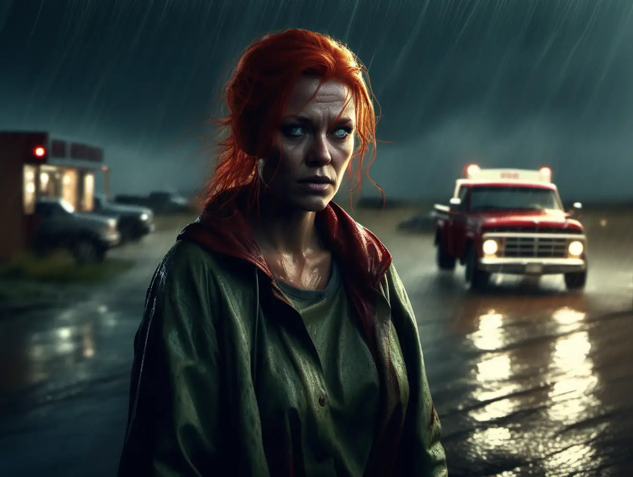 
Photorealistic. Night time. 
Wide shot cinematic. Desert, night time, heavy rainstorm, .  Photorealistic. Night time. A beautiful Scandinavian woman with a worried look on her face, in old greenish clothes, shoulder length red hair, We see a heavy rainfall over a desert landscape. Rain streaks the windshield. The scene is lit in a dark moody atmosphere. She is getting out of her F-150 truck and walking across the flooded parking lot into a western styled diner, large front window and vestibule front door entry. 