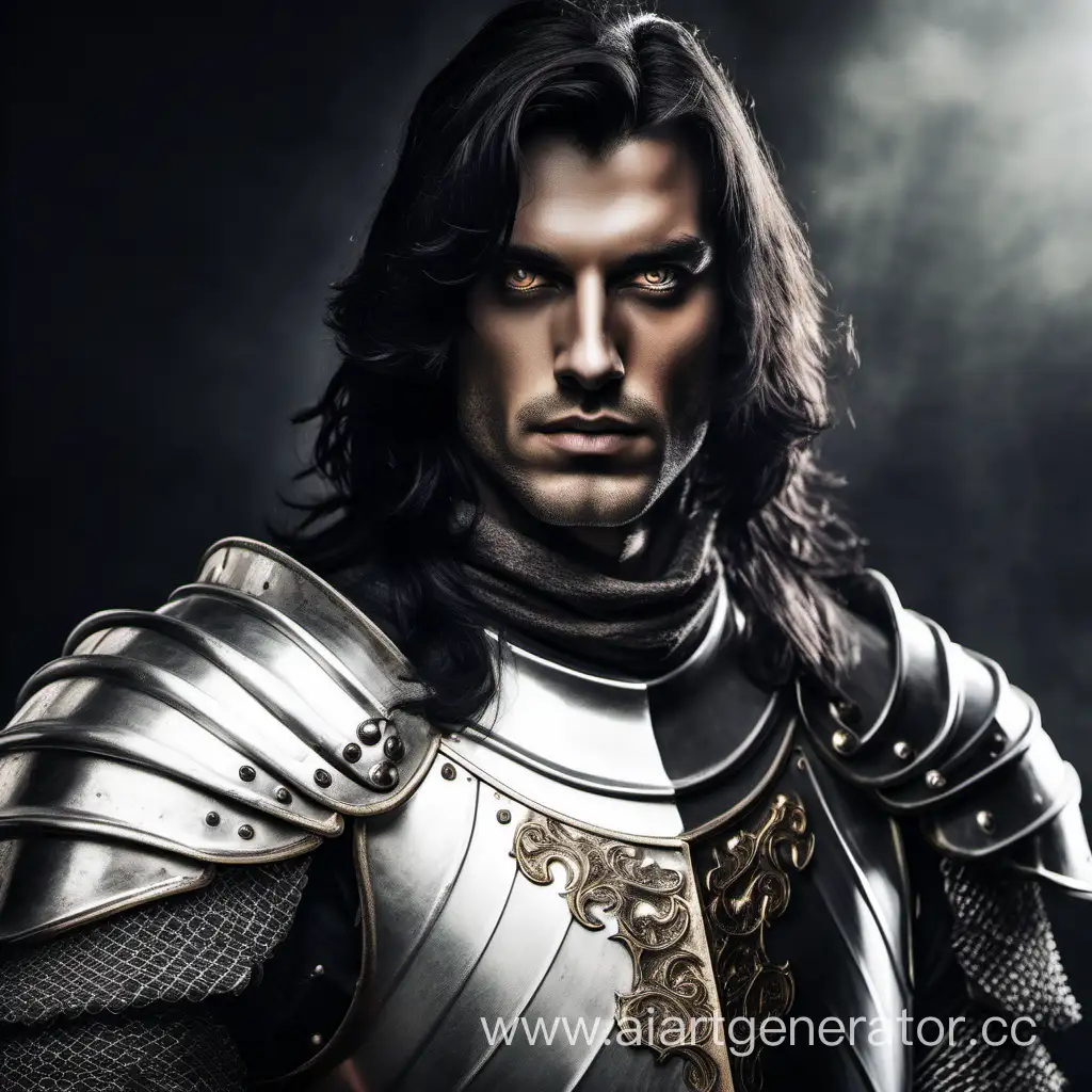 A medieval knight in silver plate armor. He has brown eyes, a long thin face, long straight black hair, dark and sharp features.