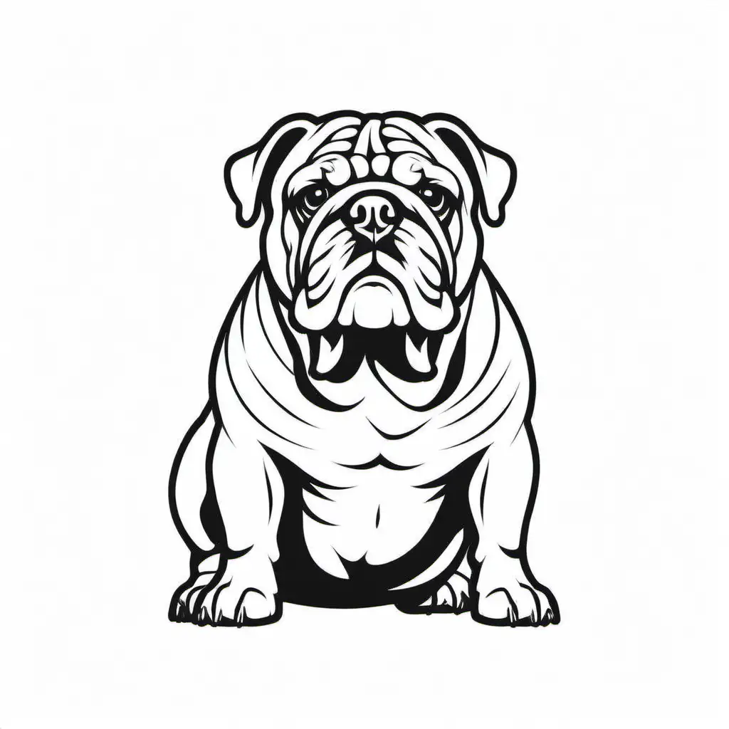 Front English Bulldog dog, simple, vector, black and white, white background, clear color, silhouette, clear line, white background