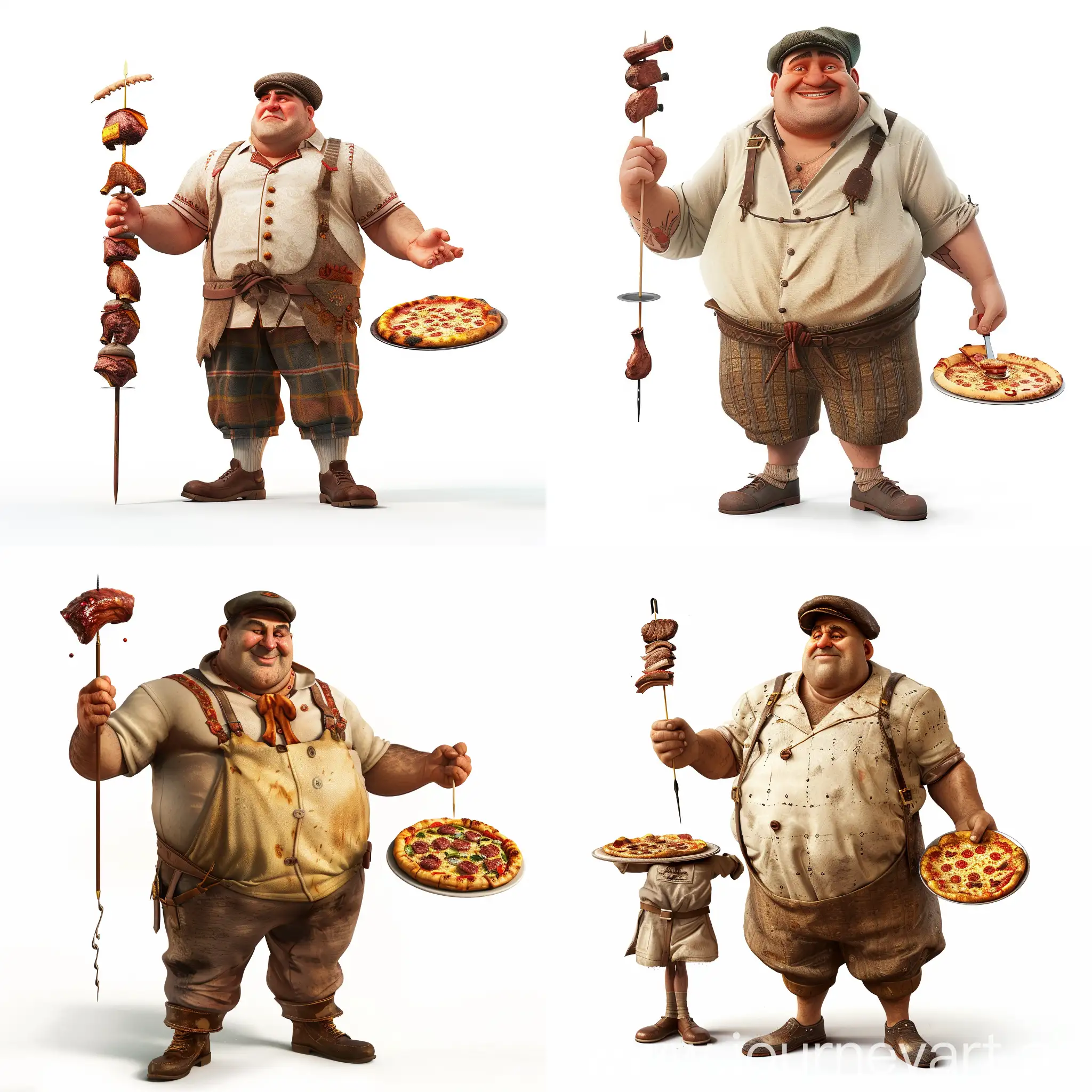 style 2d, a fat man is a cook from the Caucasus, standing tall, with a cap on his head, holding meat on a skewer in one hand, holding a pizza on a plate in the other hand, white background