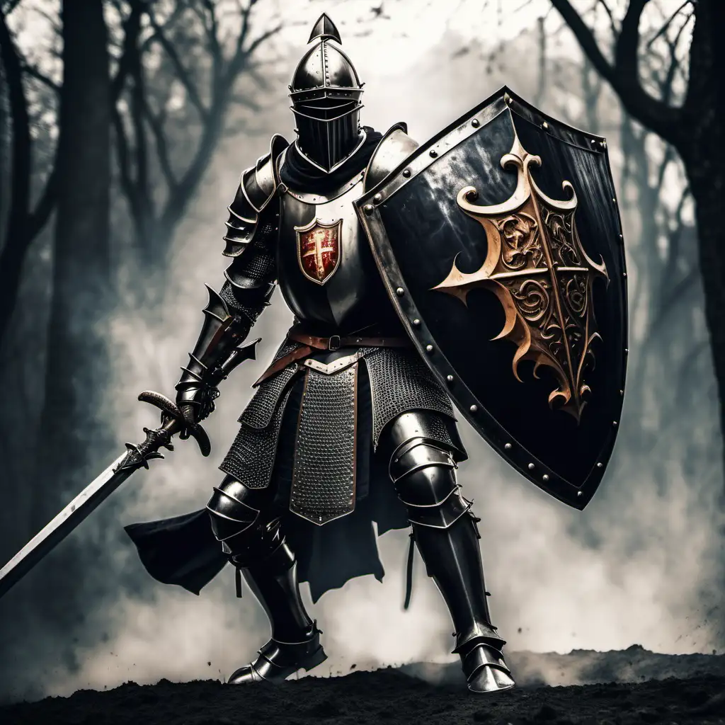 caballero medieval epico usando armadura negra blandiendo una gran espada y sosteniendo un escudo en posicion de ataque