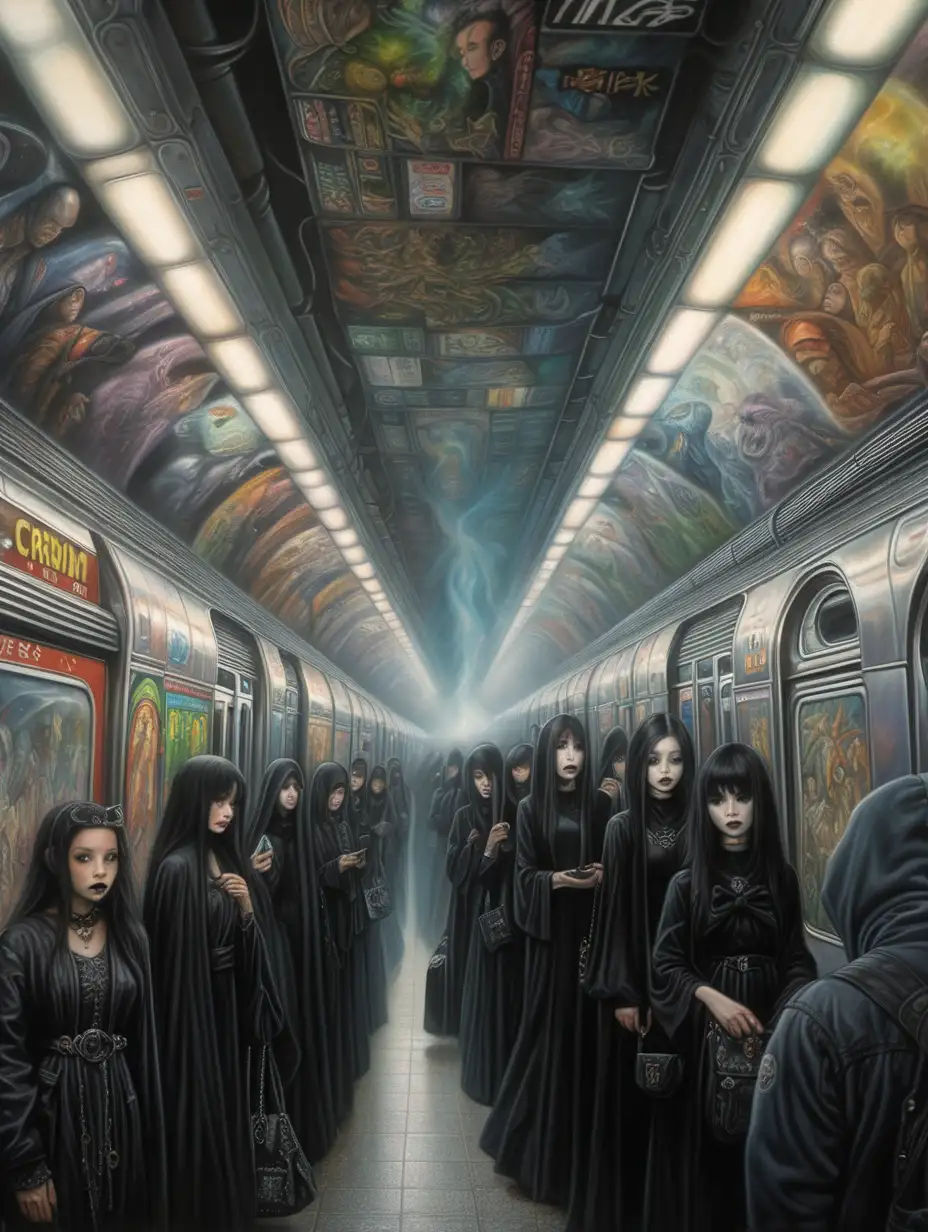  ethereal, art by Lee Man Fong, goth city, subway, crowd