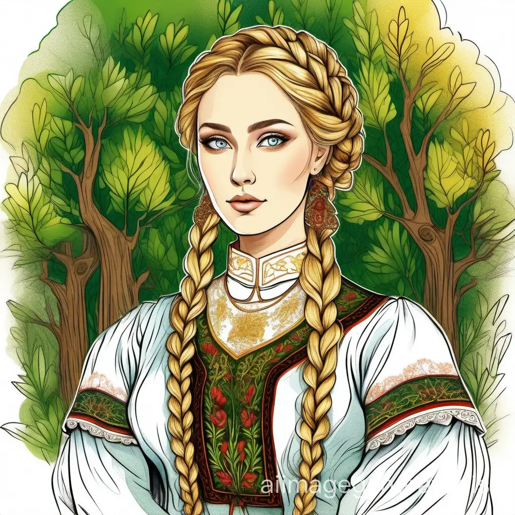 A modest Russian beauty with green eyes and a golden braid, in a traditional Russian attire, against the background of an oak grove, a drawing in colored ink