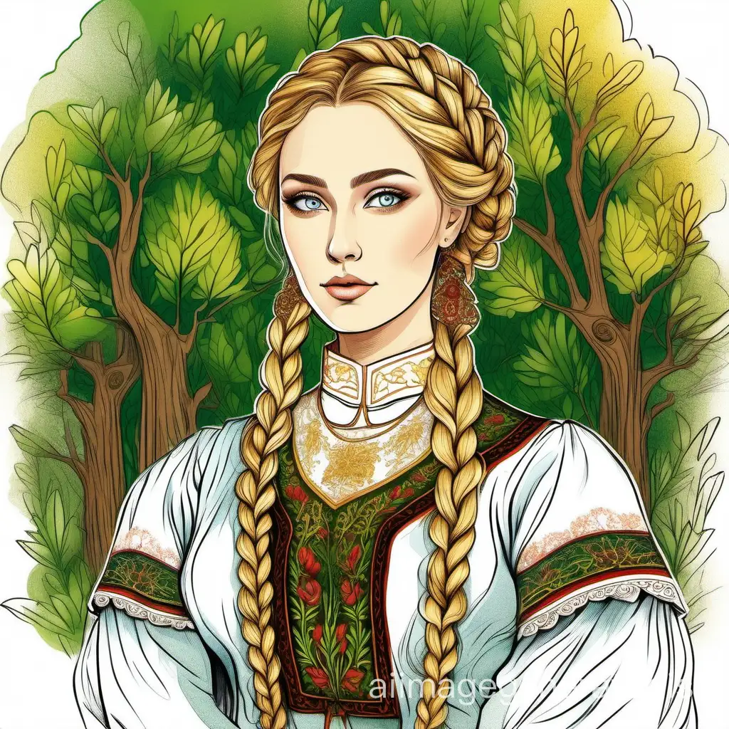 Russian-Beauty-with-Green-Eyes-and-Golden-Braid-in-Traditional-Attire-Amid-Oak-Grove