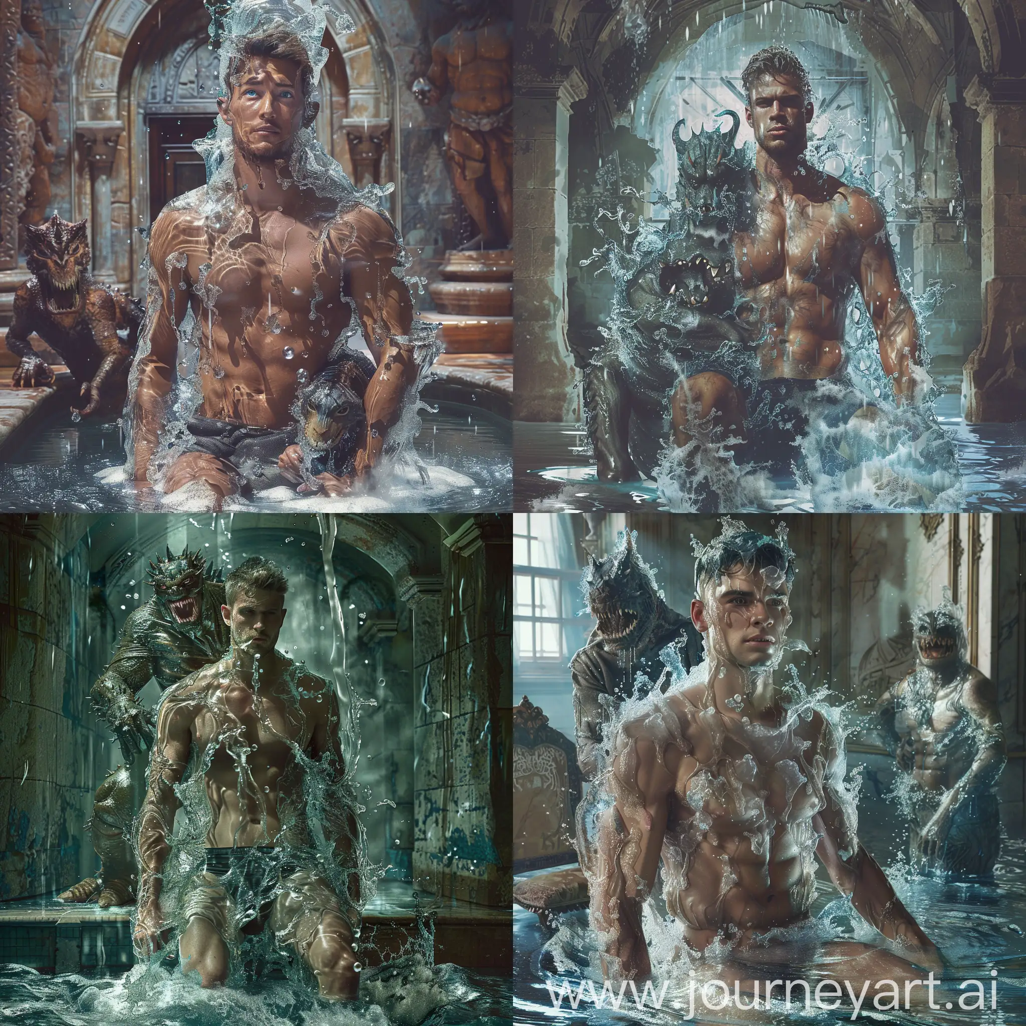 full body of a detailed fantasy artwork of a handsome Caucasian shirtless tall man. the man IS MADE ENTIRELY OF water, another EVIL MONSTER sitting on a handsome man in a mysterious magic room. Capture the intricate water details,. Ensure high-quality visuals with rich colors, textures, and shadows. realistic style
