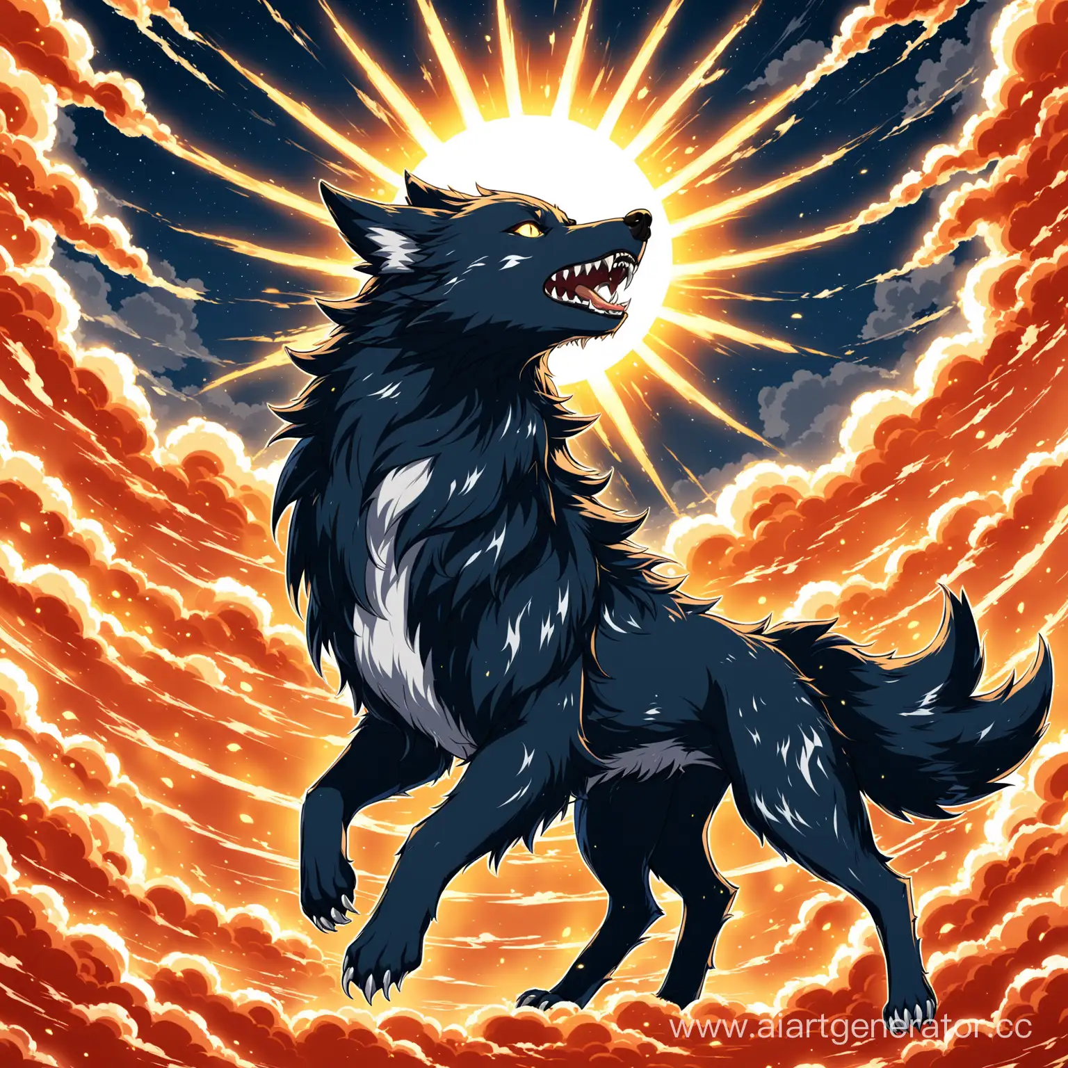 Anime-Style-Fenrir-Devouring-Meat-under-Sun-Rays-with-Fur-Blowing-in-the-Wind