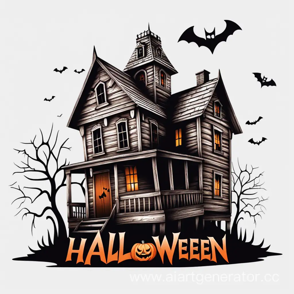simple vector of a 3D clip art horror Halloween old wood home. white background. made of wood color.