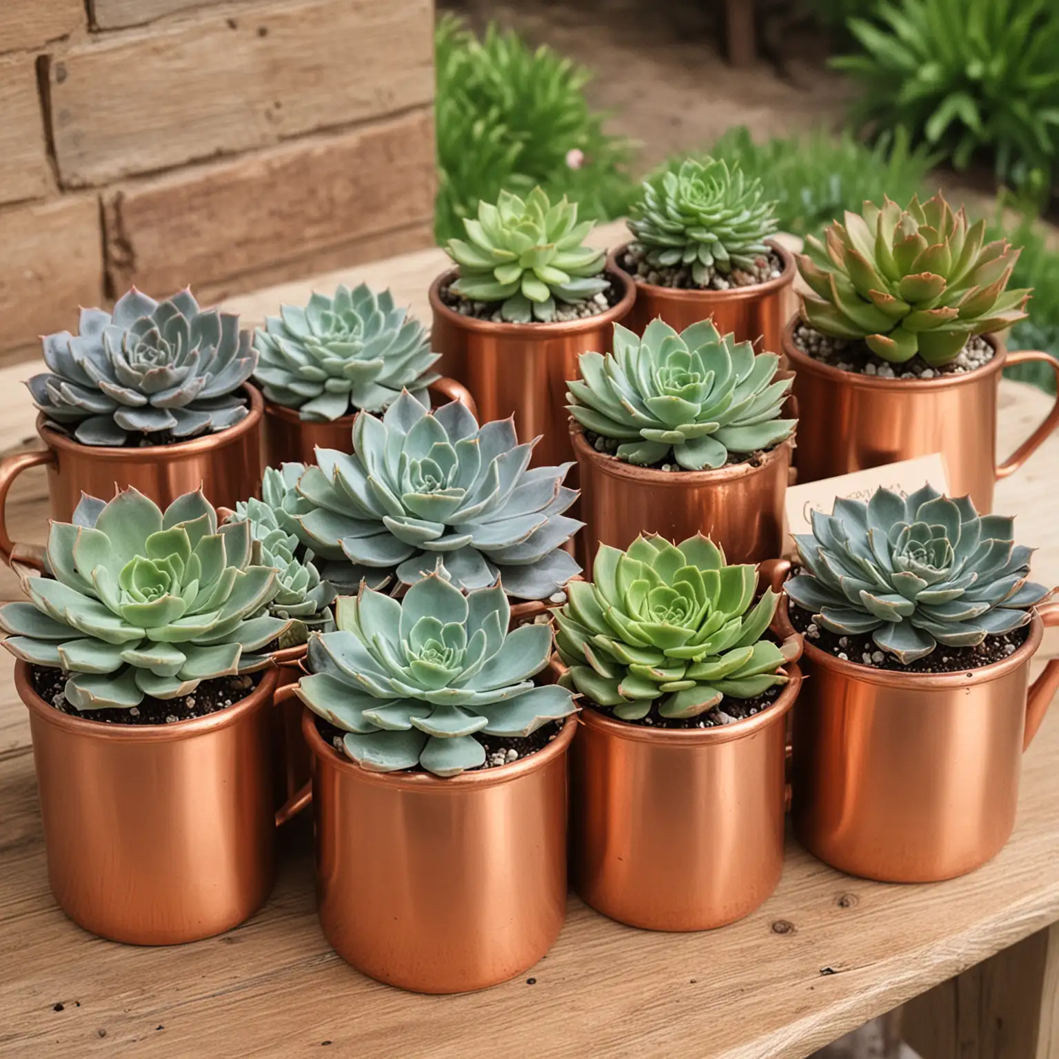 copper mugs each with a succulent plant, these are perfect for a simple wedding centerpiece