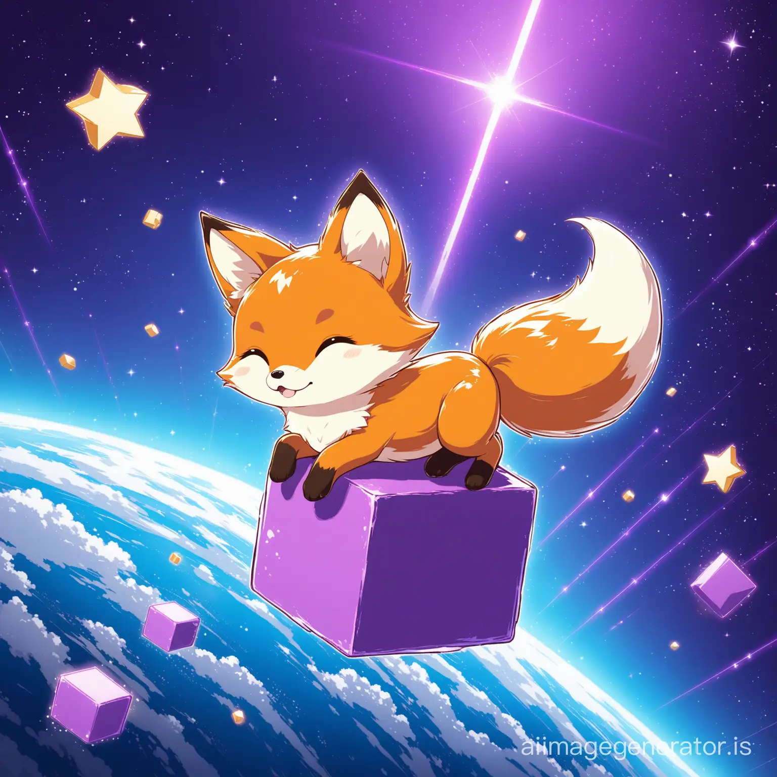 A little cute fox riding a purple block  flying in the  earth
 Details are evident beautifully and with great precision
