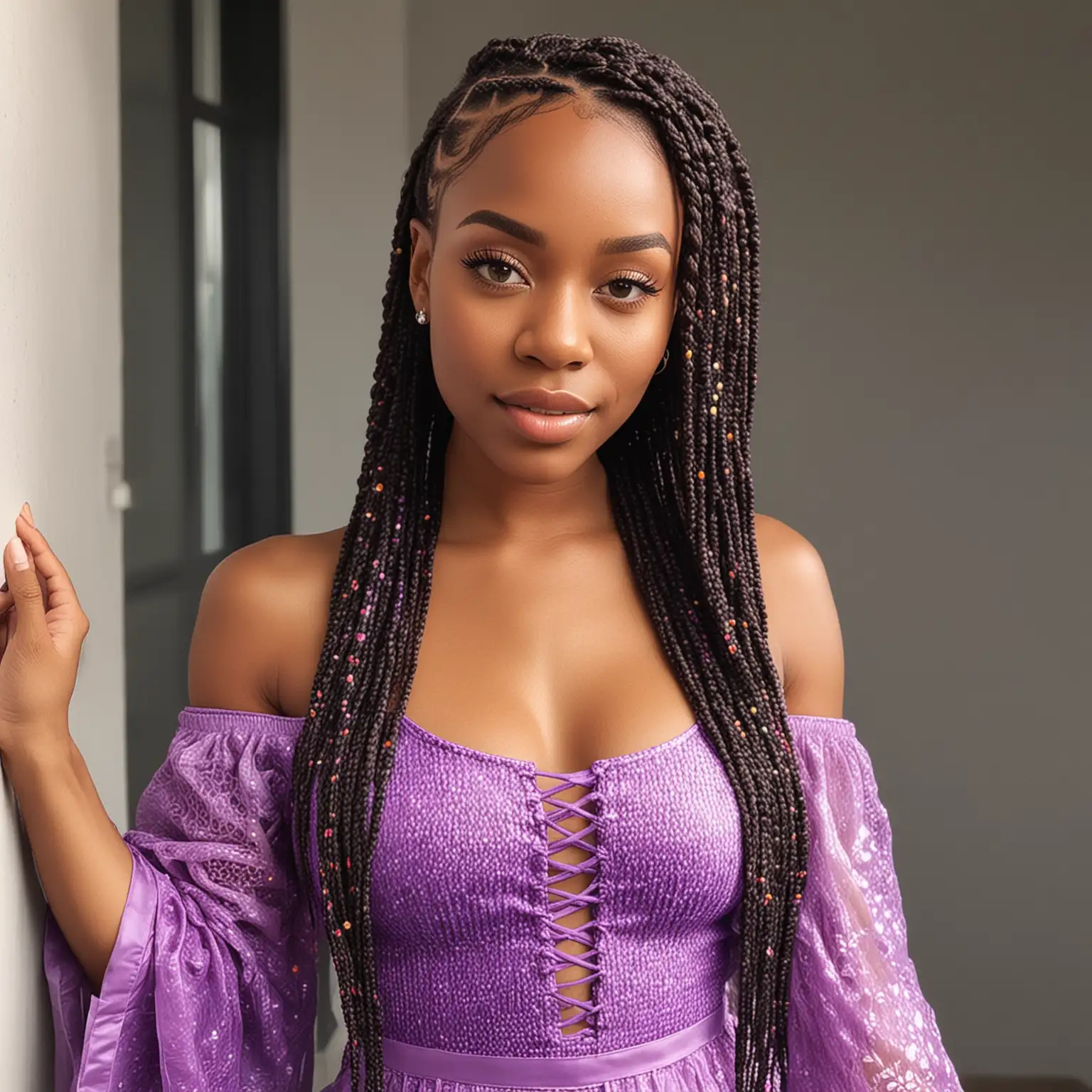 Sunkissed Black Woman in Purple Fairy Dress with Box Braids