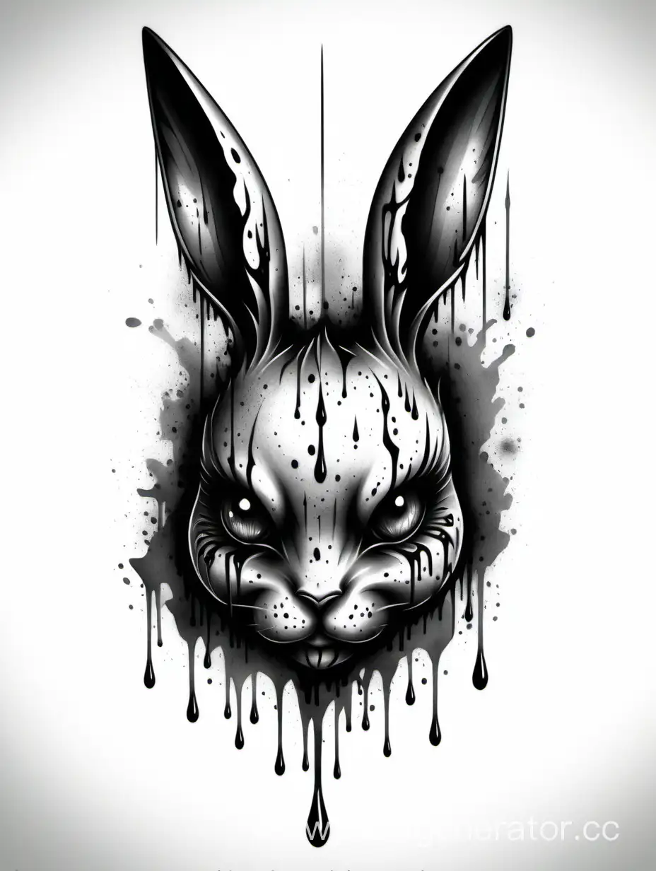 sinister dark bunny head, dark tattoo design, web dripping black, dark ink, monochromatic, eyes, white background