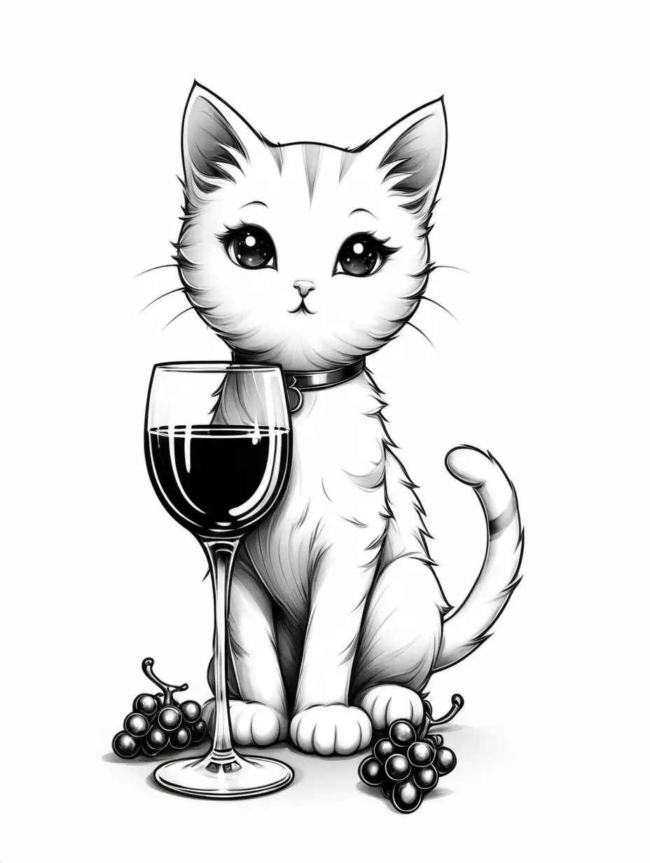 Adorable Kitten and Wine Glass Sketch Elegant Monochrome Illustration