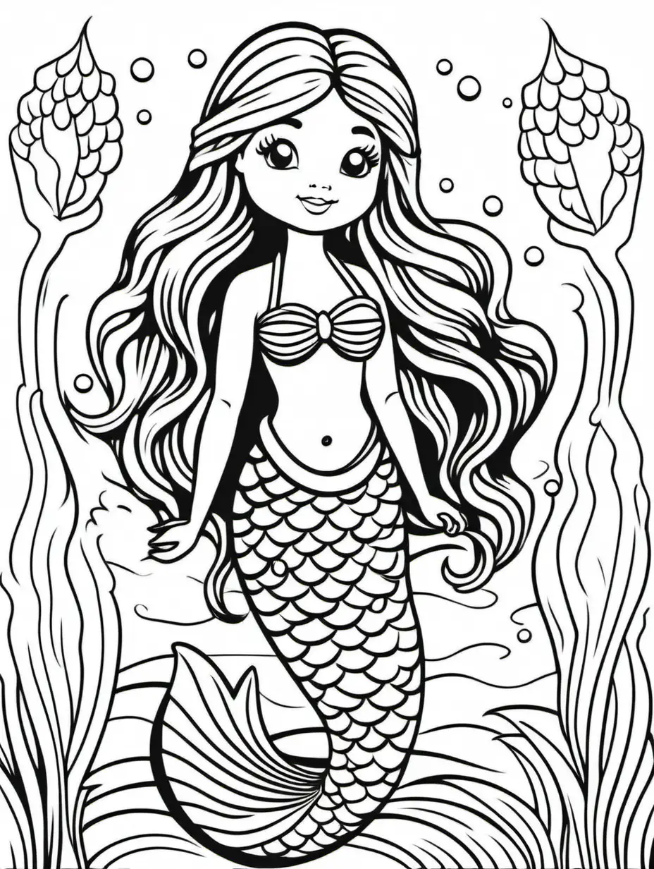 Adorable Black and White Mermaid for Kids Coloring Book Fun