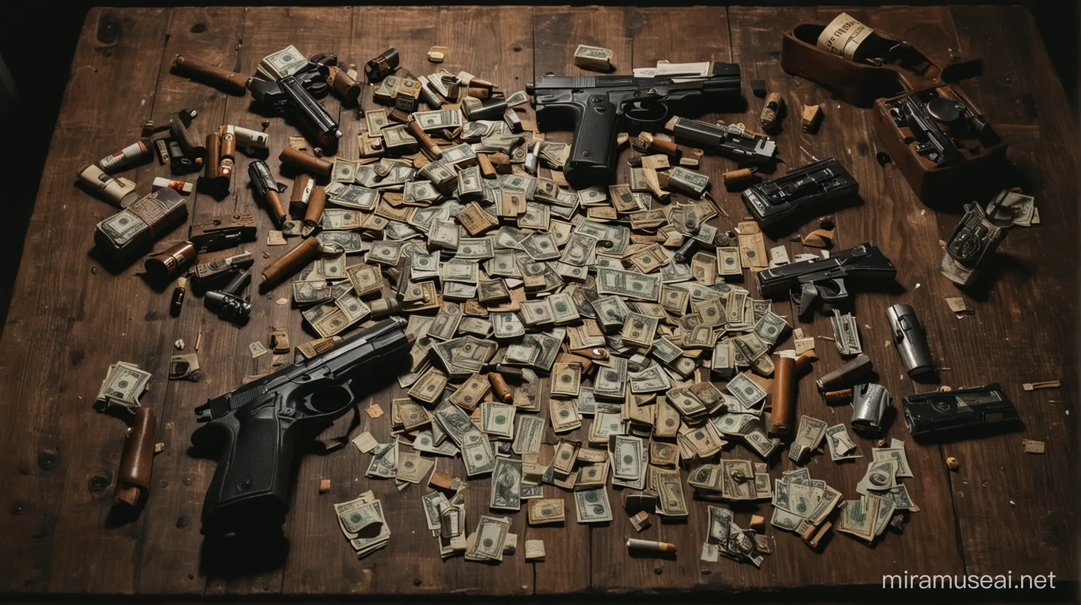 tavolo di legno poco illuminato con soldi, pistole e sigarette e telefoni vecchi