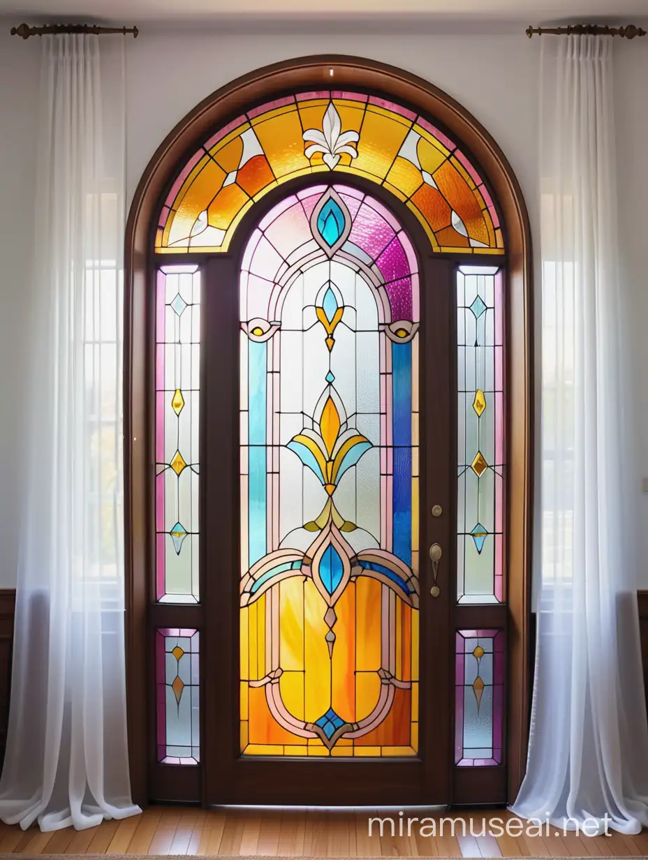 Vibrant Empire Style Stained Glass Door with Organza Curtains
