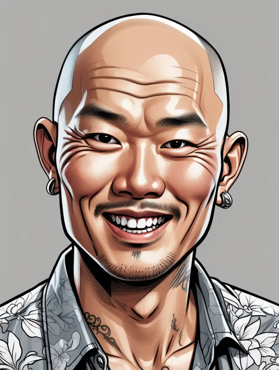 inked comic book art style, close up portrait of a broad shouldered asian man with grey stubble across the top of his shaved head. He is wearing a cheerfully garish tourist shirt. Grey background.