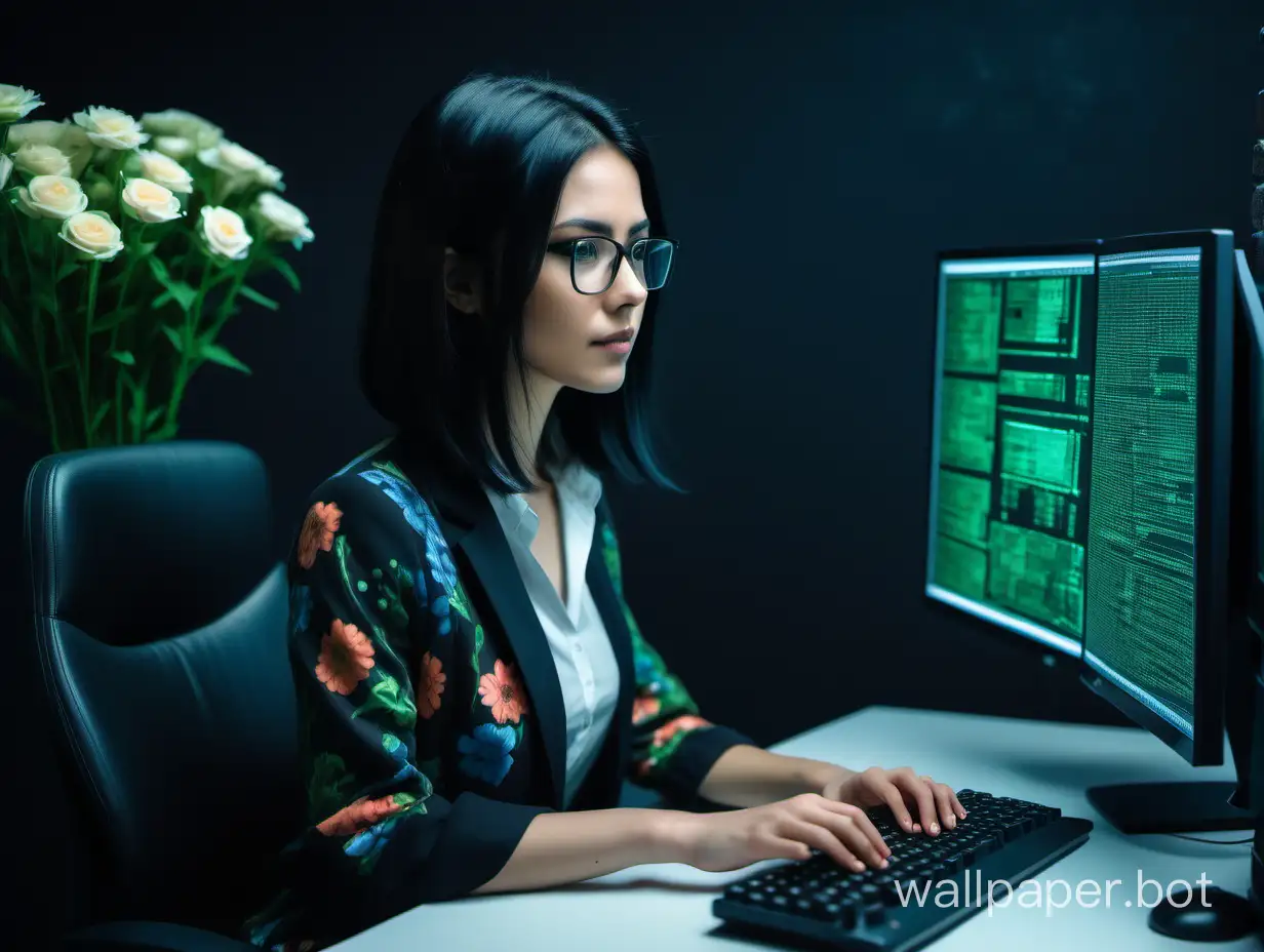 Programmer girl typing and looking at the monitor, with black medium-length hair, 30 years old, learning AI, dark office environment, flowers, color black, green, blue