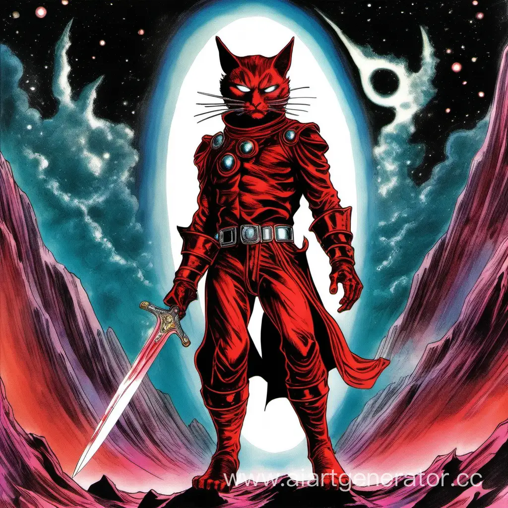 Ogma is a Cat-Man dressed in space-like attire reminiscent of a rogue. He possesses the powers of Gods and Demons, wielding a long and broad sword held with two hands. It shimmers in a crimson and Bright aura, with a background of hell, 1970's Dark Fantasy.