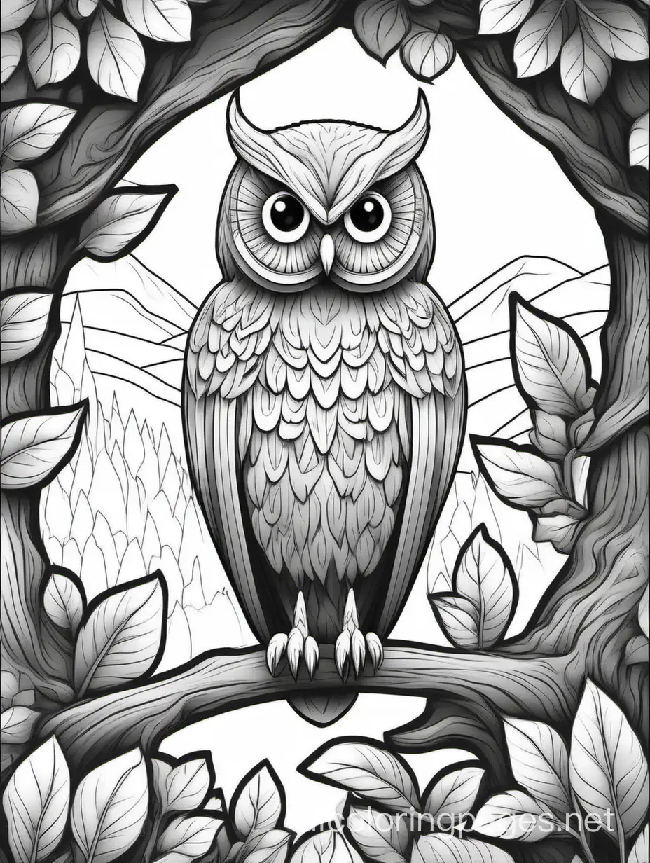   grayscale owl background village  , Coloring Page, black and white, line art, white background, Simplicity, Ample White Space. The background of the coloring page is plain white to make it easy for young children to color within the lines. The outlines of all the subjects are easy to distinguish, making it simple for kids to color without too much difficulty